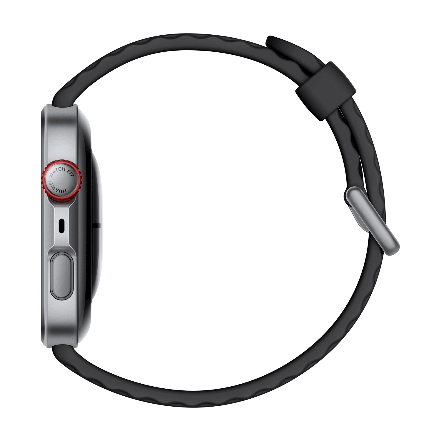 Vista laterale di uno smartwatch con cassa argentata, cinturino nero e pulsante con accento rosso. Il cinturino è collegato con una chiusura metallica.