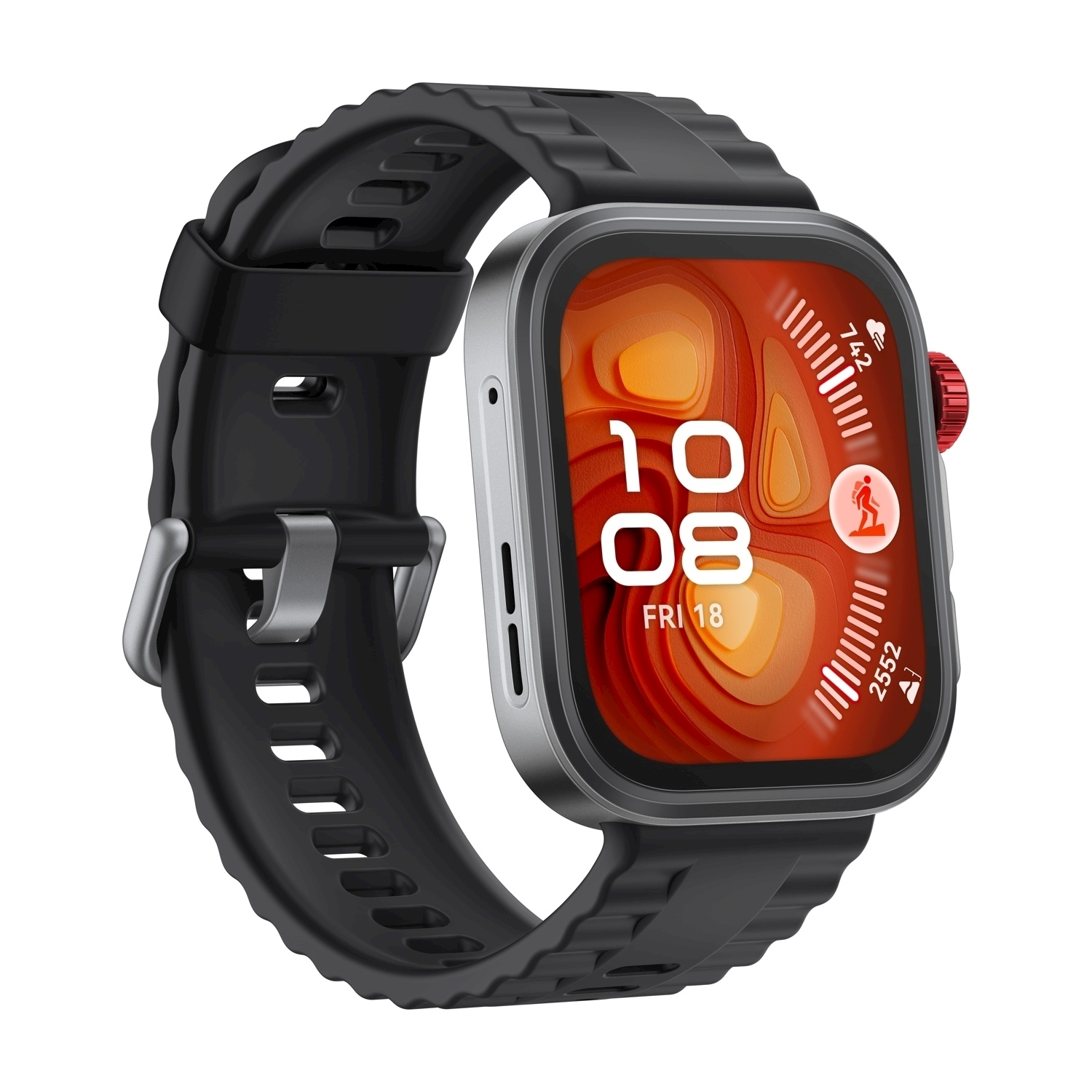 Uno smartwatch con cinturino nero e lunetta argentata. Lo schermo mostra l'ora e i dati dell'attività. Un pulsante rosso è sul lato.