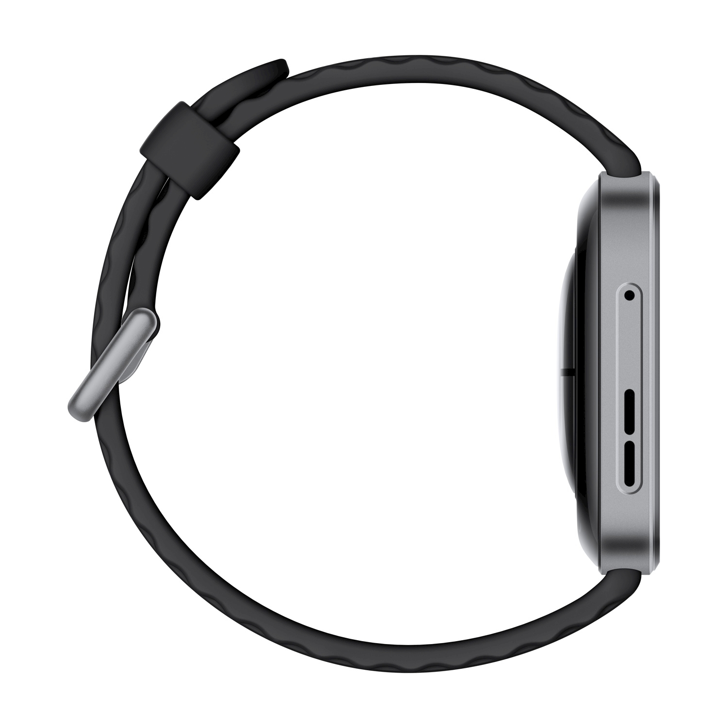 Vista laterale di uno smartwatch con cinturino nero e cassa grigia con pulsanti e un piccolo foro.