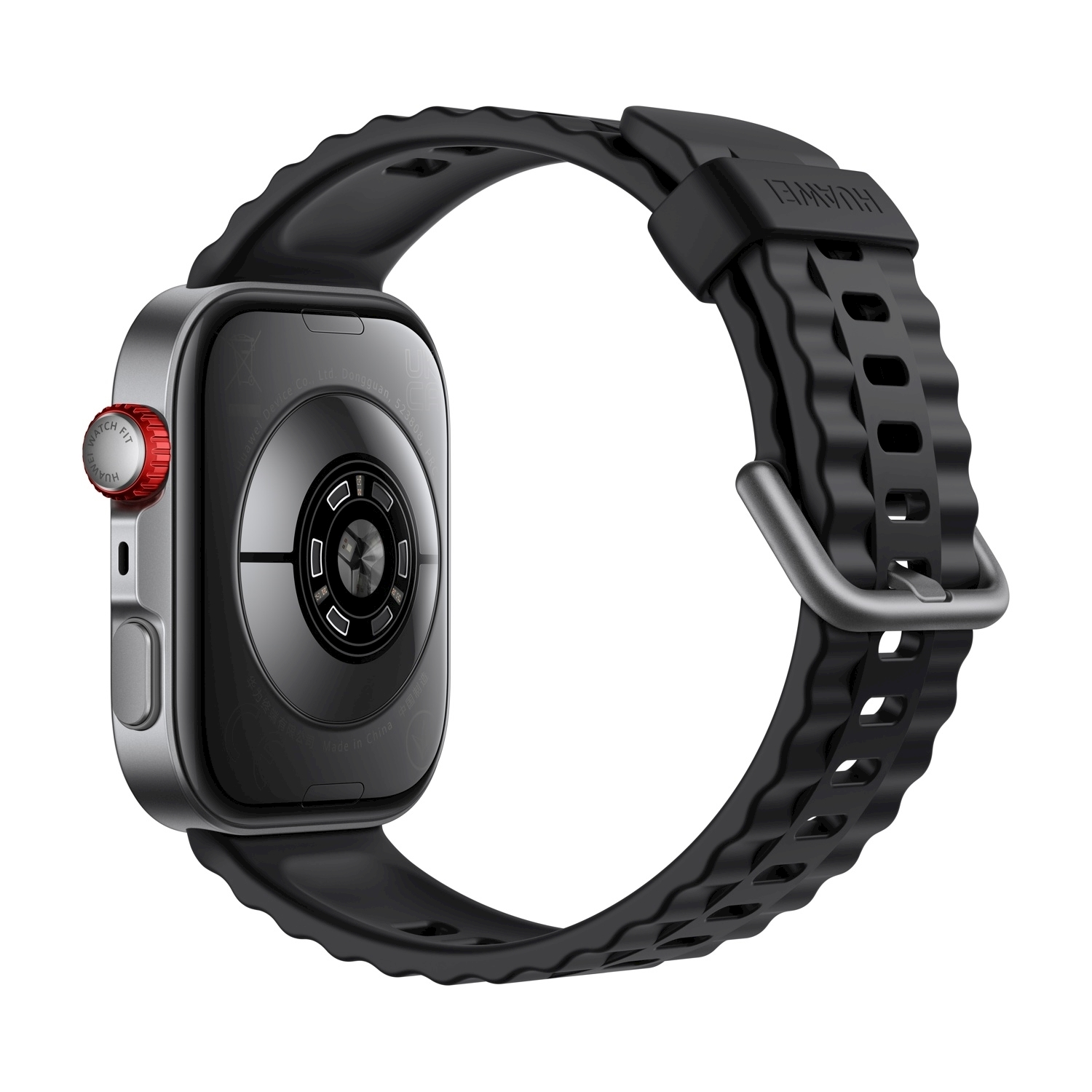 Uno smartwatch Huawei Watch Fit nero. Ha una cassa argentata con un pulsante rosso, cinturino nero e sfondo bianco.