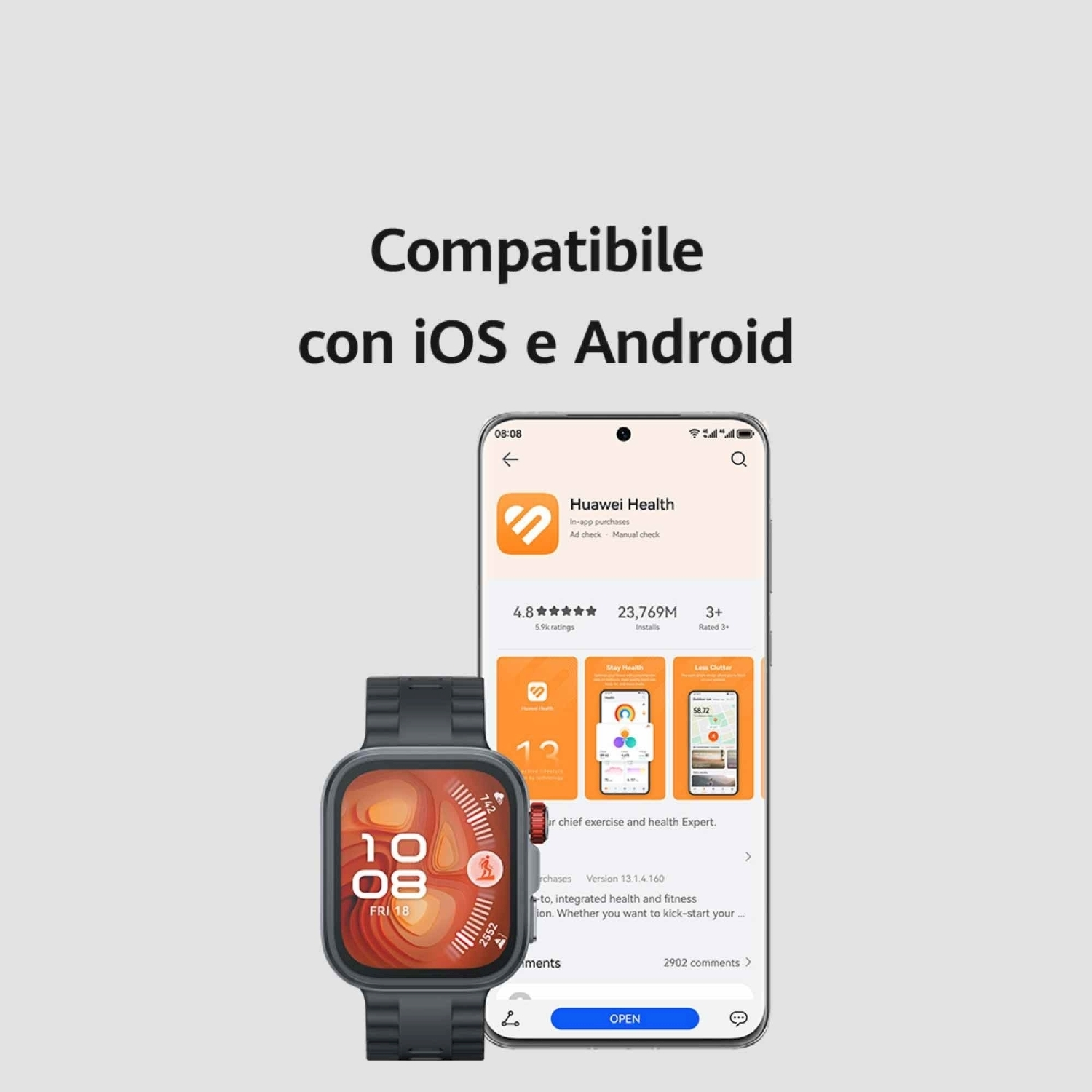 Uno smartwatch mostra l'ora e i dati sanitari. Uno schermo del telefono mostra l'app Huawei Health, con la scritta 'Compatibile con iOS e Android'.