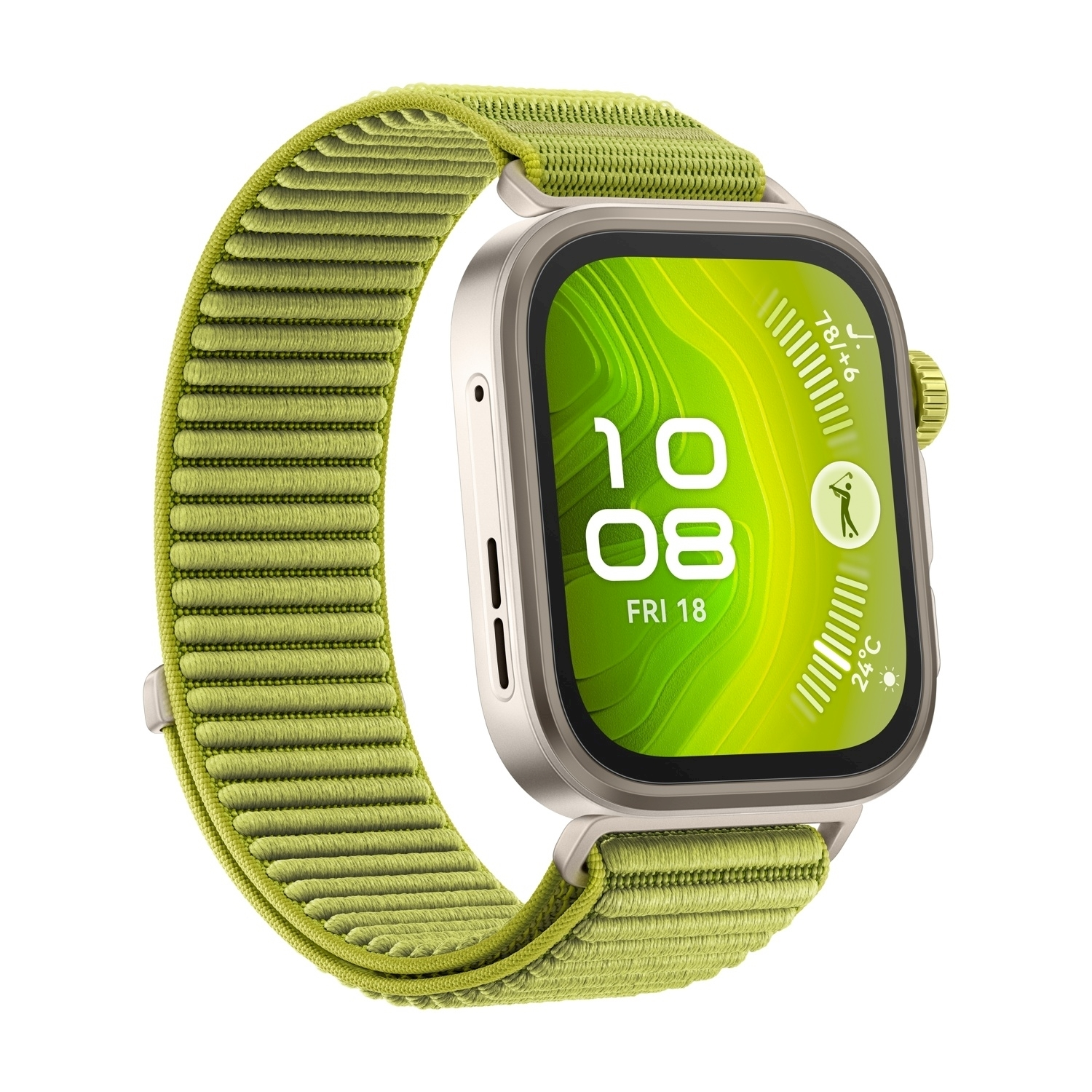 Uno smartwatch con cinturino verde mostra 10:08 e Ven 18. Il quadrante mostra un grafico di golf e altri dati.