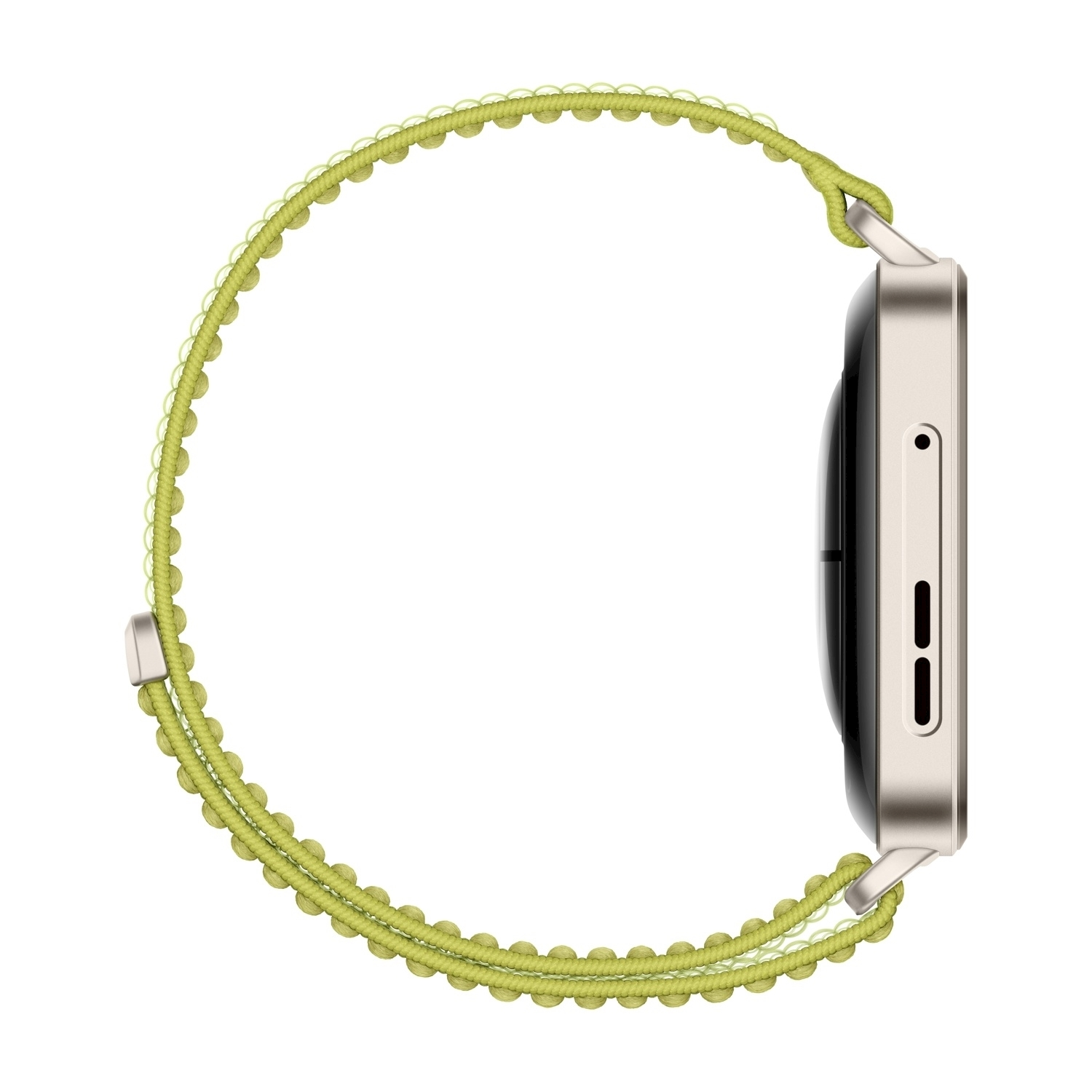 Vista laterale di uno smartwatch con cinturino intrecciato verde chiaro. L'orologio è argentato con schermo nero. Il cinturino è circolare.