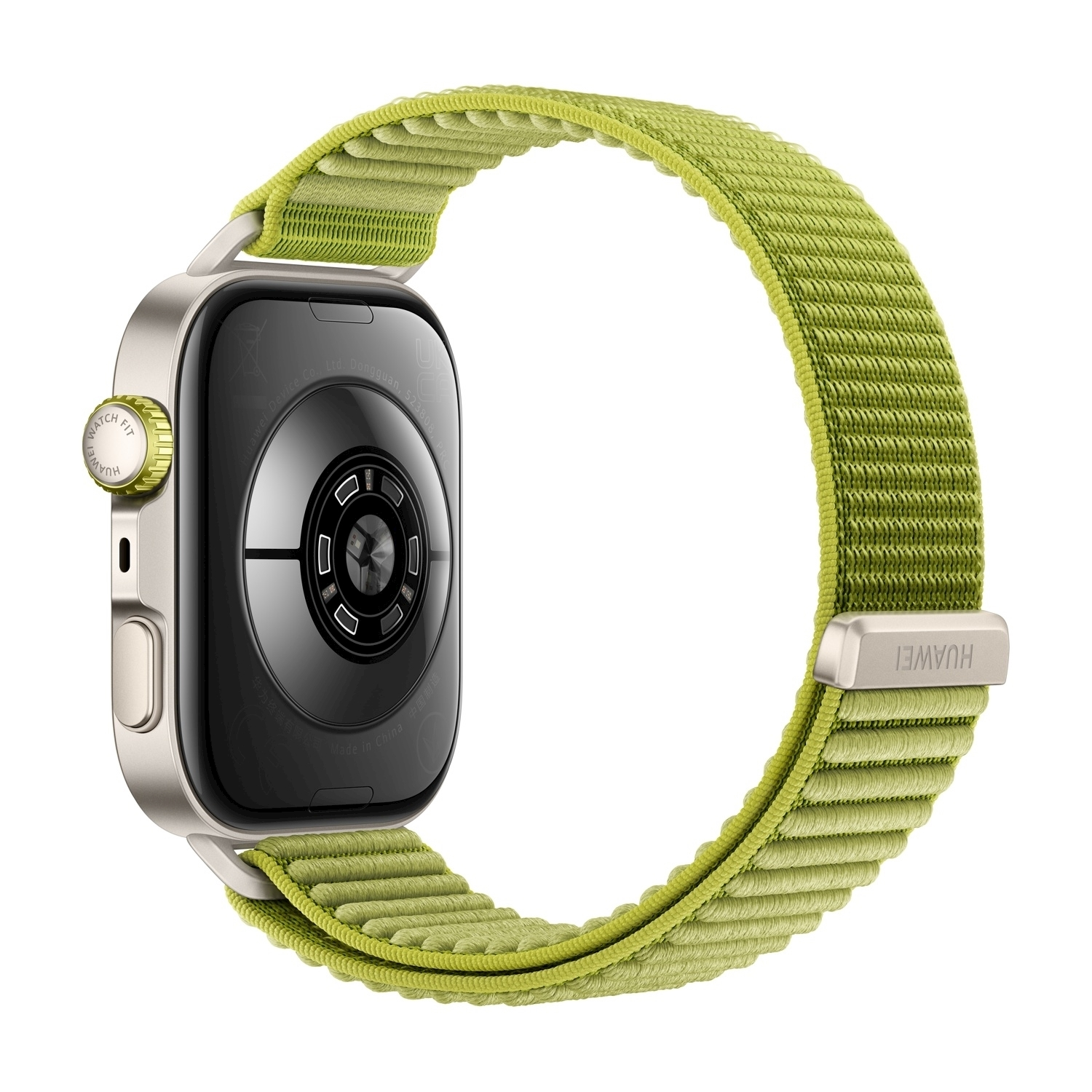 Uno smartwatch Huawei argento e verde con cinturino in tessuto verde è mostrato su sfondo bianco.