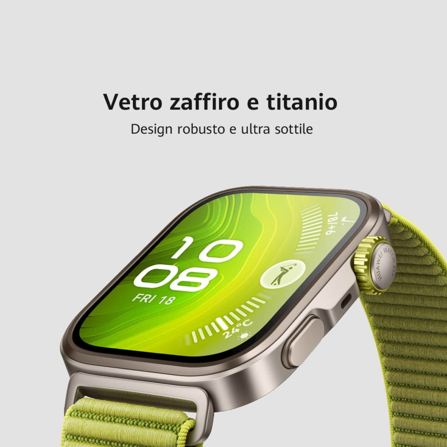 Uno smartwatch con schermo verde che mostra data e ora. Ha un cinturino in tessuto verde. L'orologio è argentato.
