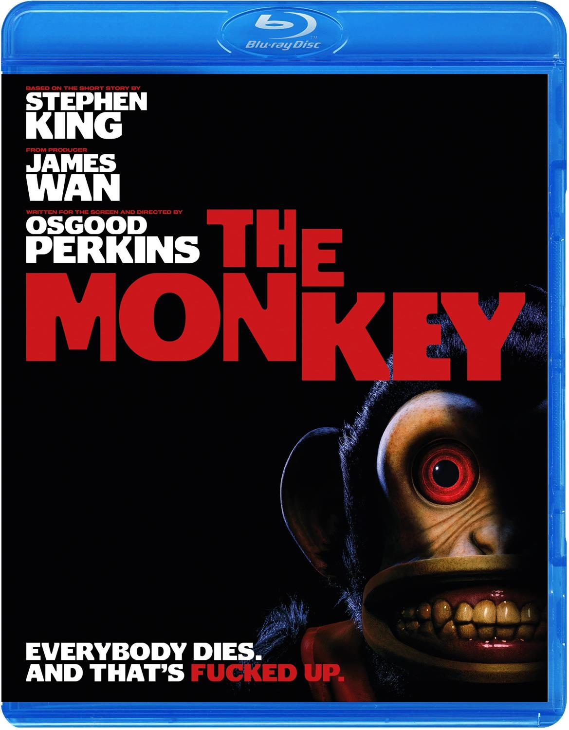 Blu-ray cover voor "The Monkey". Toont een dreigende apengezicht, titel in rood en tekst met vermelding van Stephen King en James Wan.