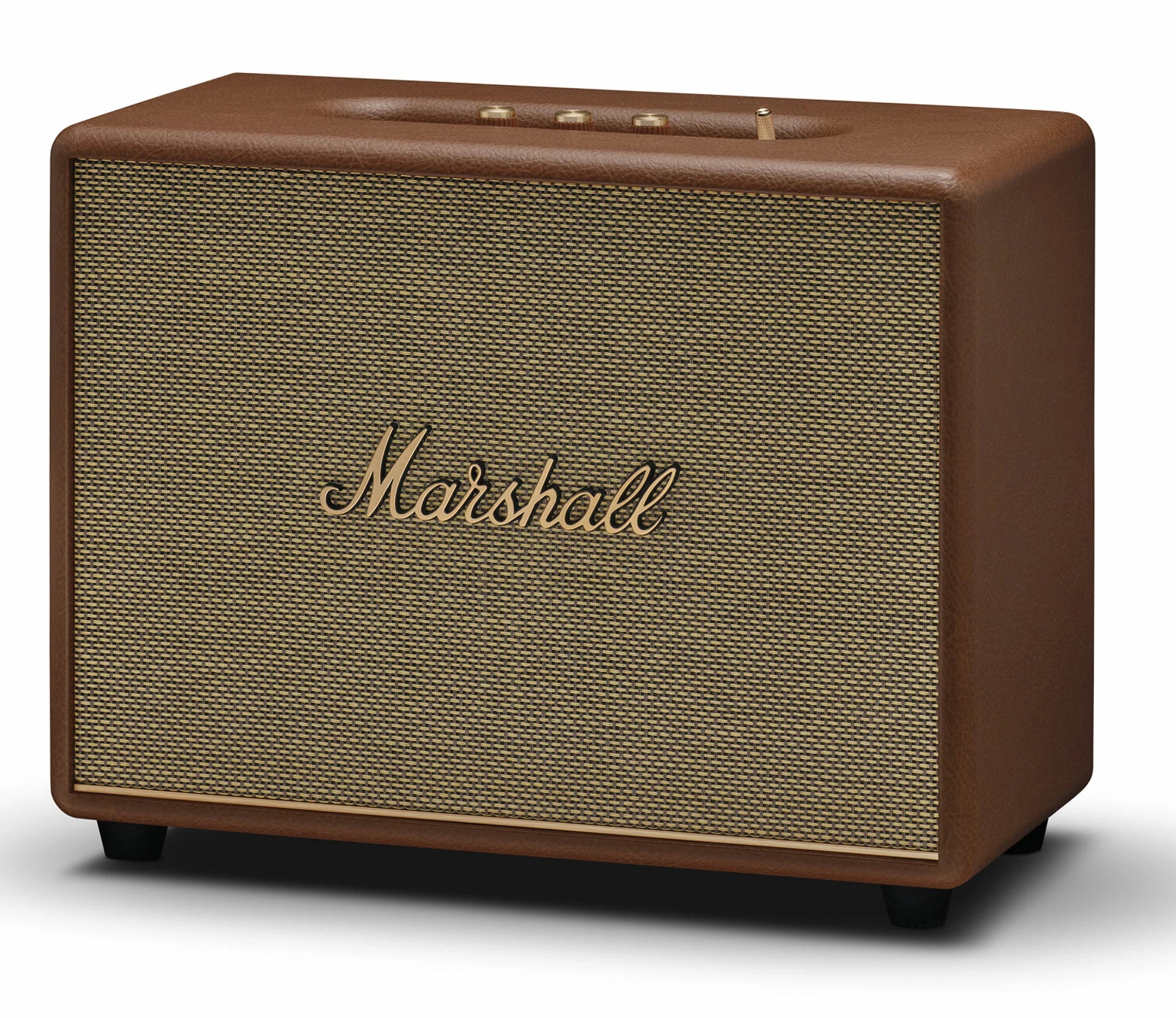 Brązowy głośnik Marshall z siatkowym przodem i złotymi akcentami. Słowo "Marshall" jest napisane na froncie.