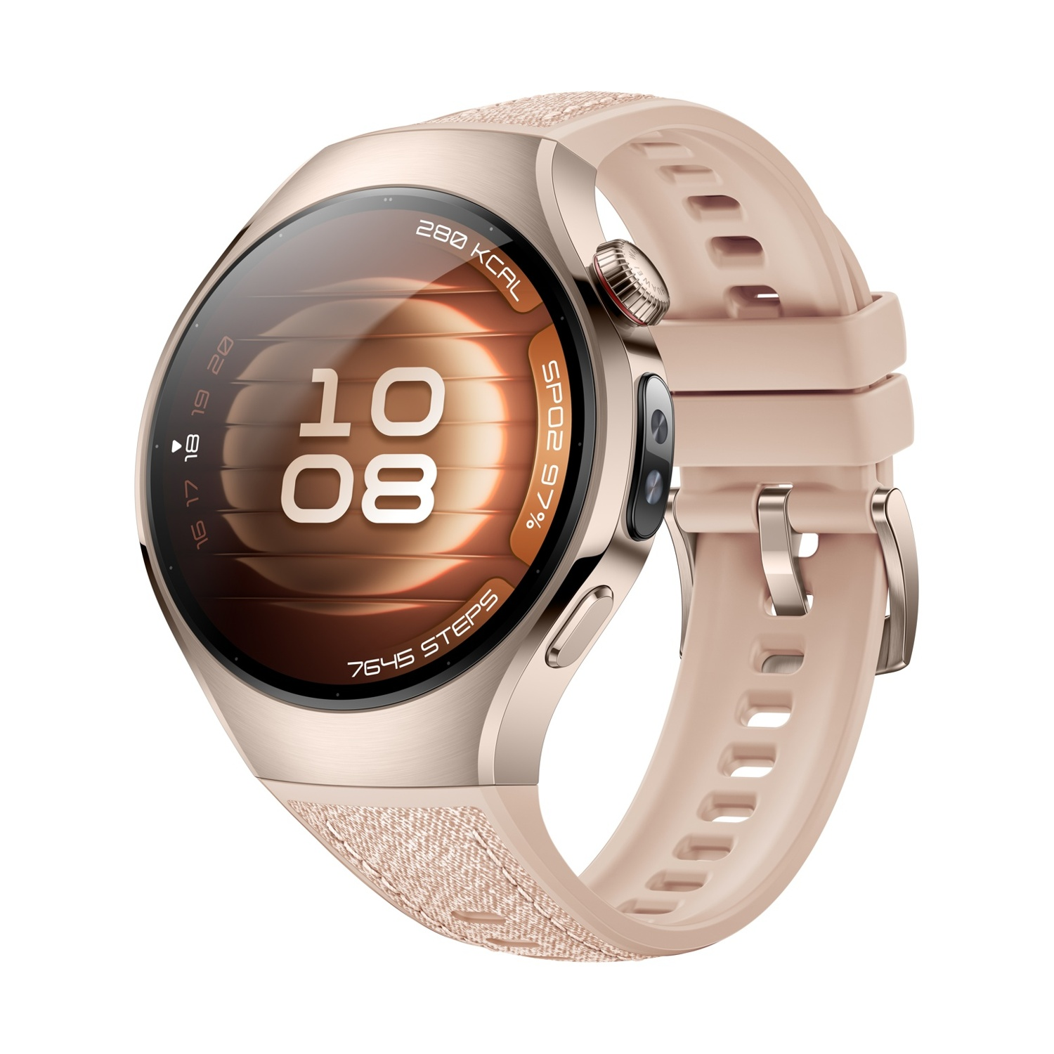 Uno smartwatch oro rosa mostra ora, passi e dati sanitari. Ha un cinturino color pesca e una fascia strutturata. Lo schermo mostra 10:08 e 7645 passi.