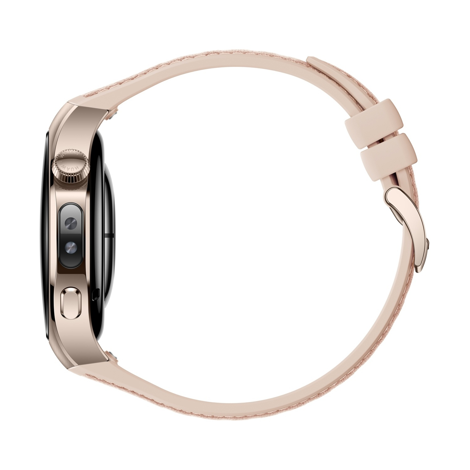 Vista laterale di uno smartwatch oro rosa con cinturino in pelle rosa chiaro. Il quadrante è nero, la fibbia è argentata.