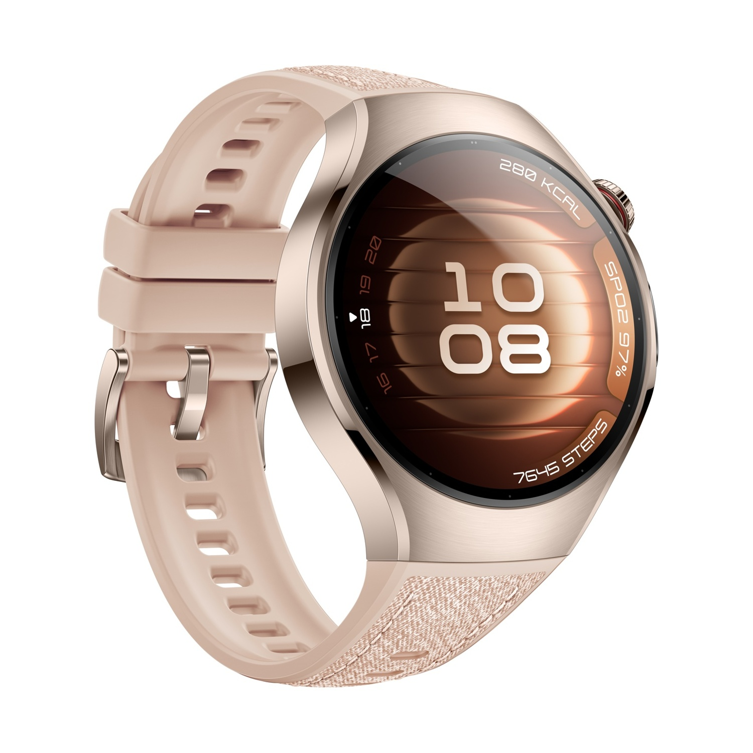 Uno smartwatch oro rosa con cinturino rosa mostra ora, passi e dati sanitari. L'orologio ha un quadrante rotondo.