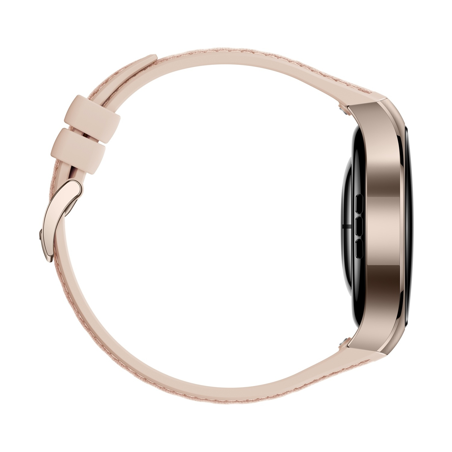 Uno smartwatch oro rosa con cinturino rosa chiaro. Il quadrante è nero. Il cinturino ha una chiusura.