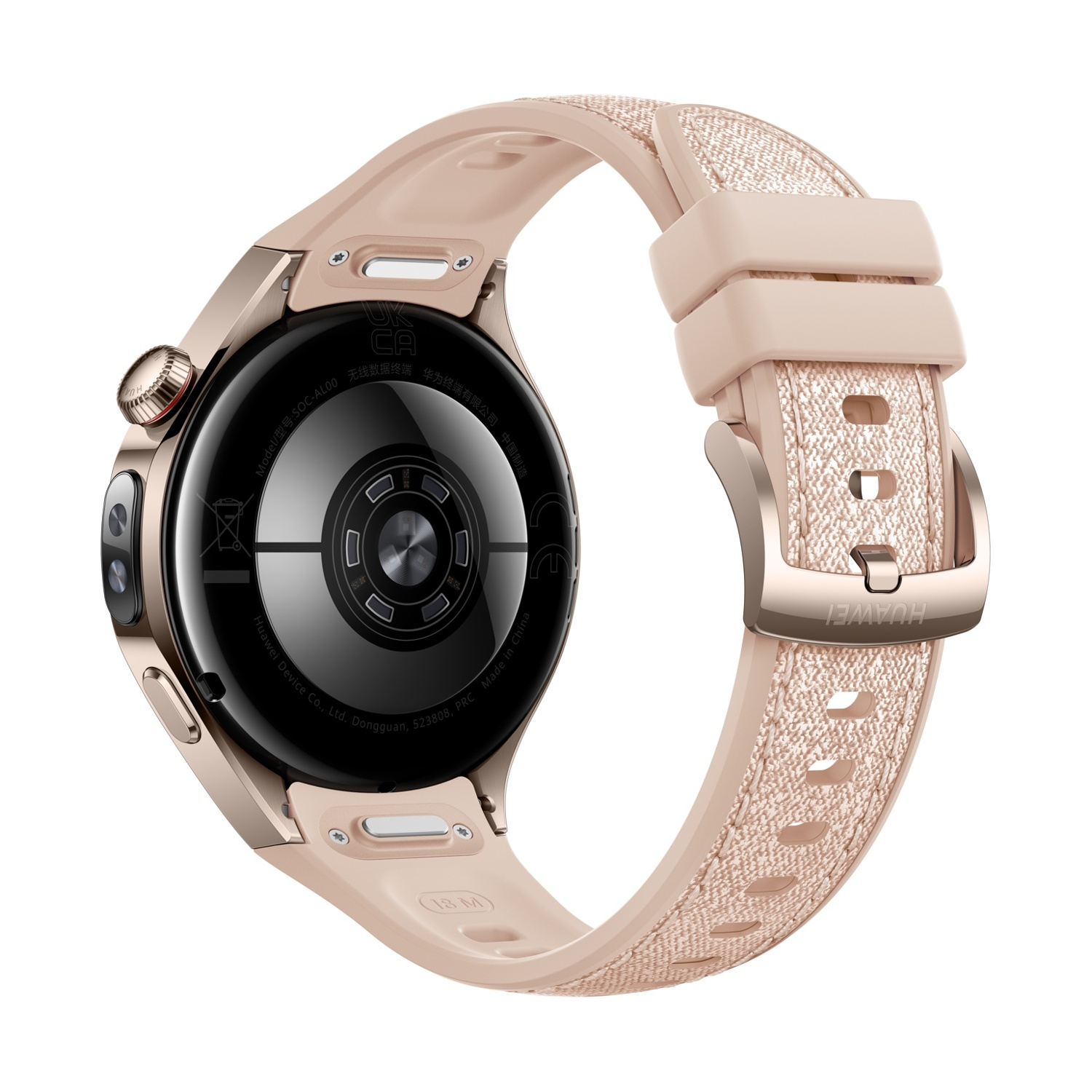 Uno smartwatch Huawei oro rosa con cinturino color crema. L'orologio ha il retro nero e il cinturino è in parte in tessuto.