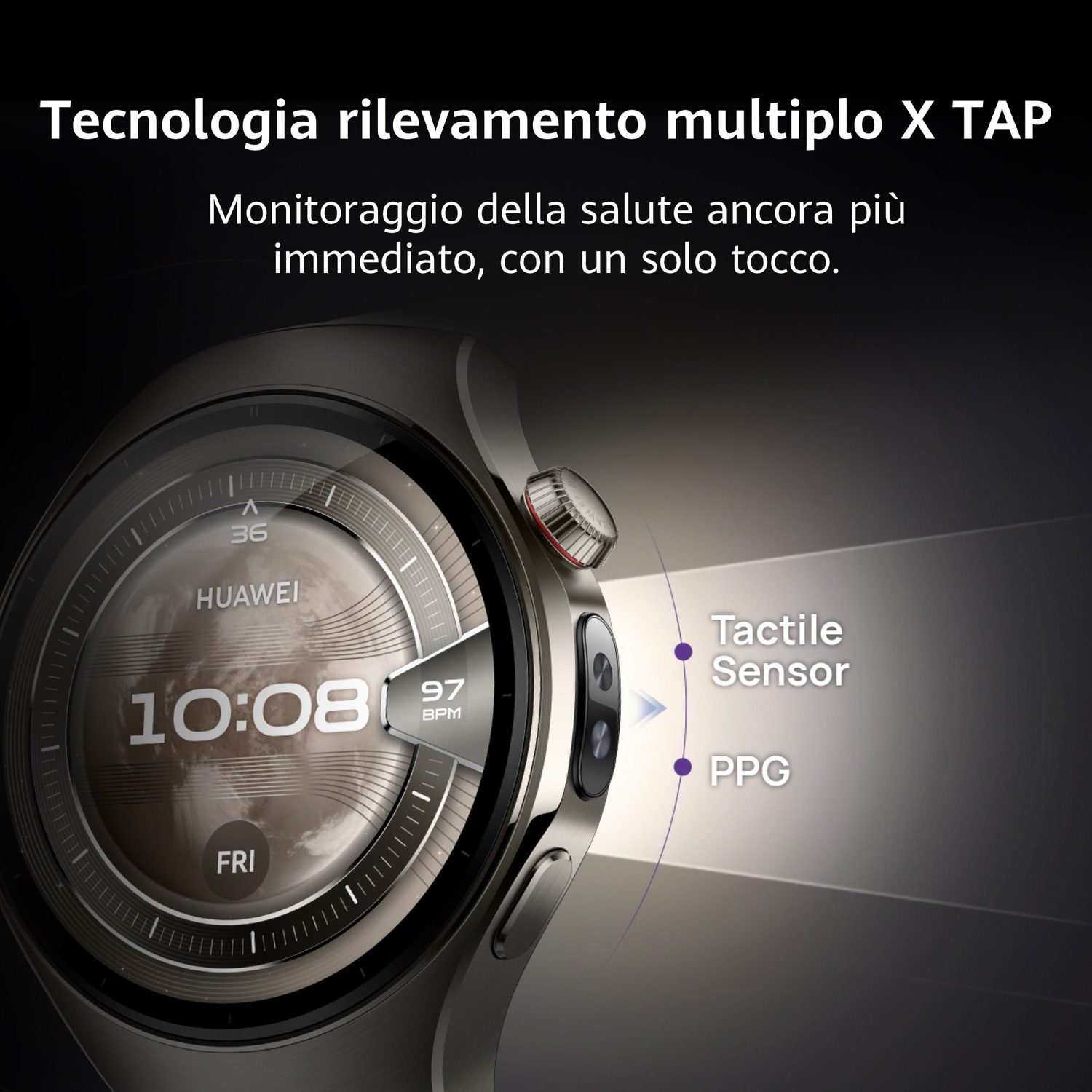 Uno smartwatch argentato mostra l'ora, la data e la frequenza cardiaca. Il testo evidenzia funzioni come il sensore tattile e PPG. Sfondo scuro.