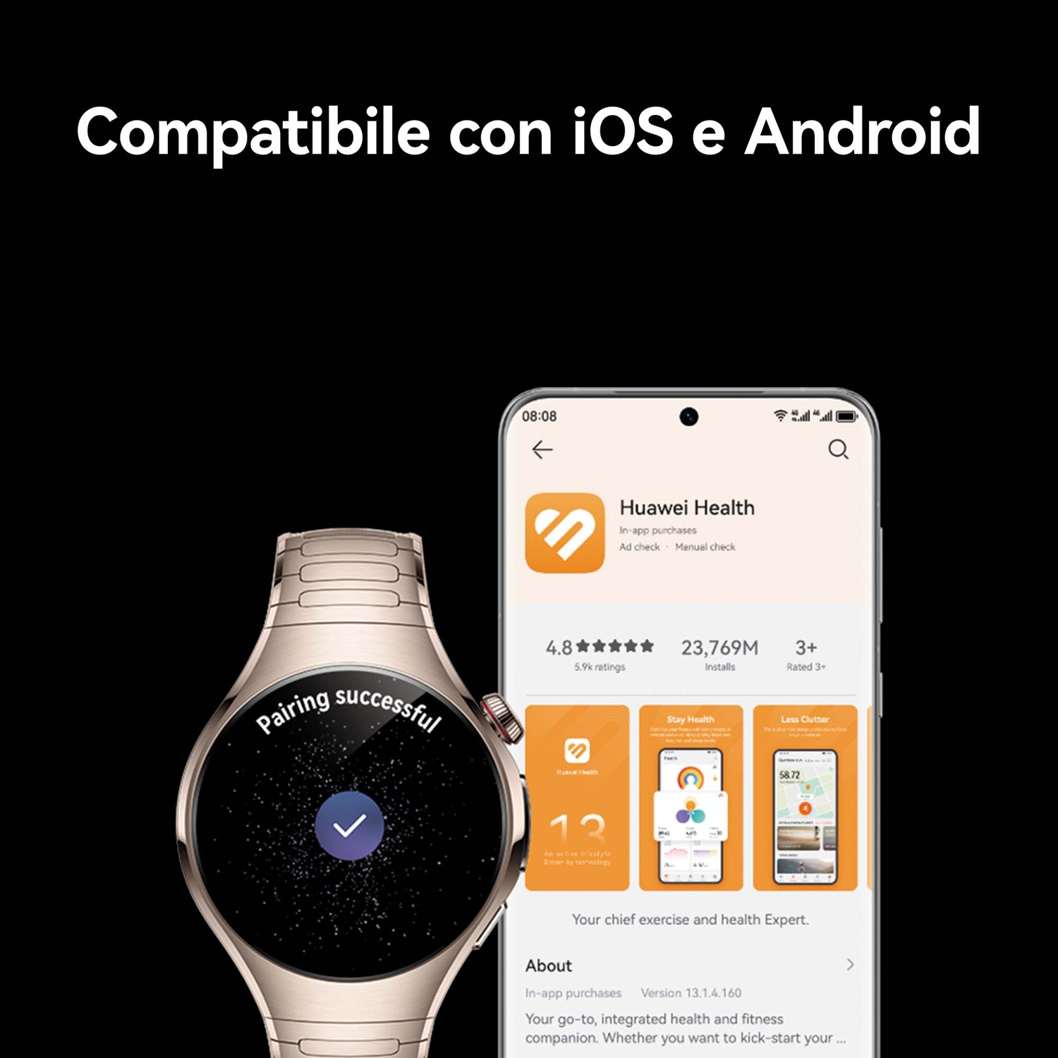 Smartwatch dorato con 'Pairing successful'. Telefono mostra l'app Huawei Health. Testo: 'Compatibile con iOS e Android'.