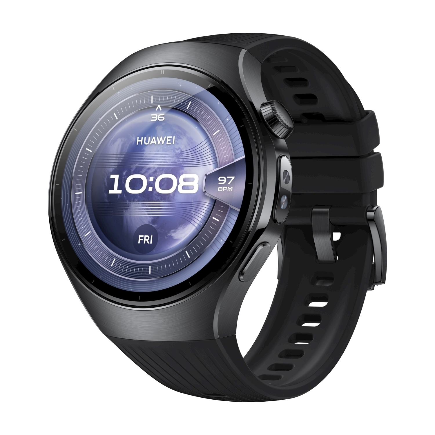 Uno smartwatch Huawei nero mostra ora, data e frequenza cardiaca. Ha uno schermo rotondo e un cinturino nero.