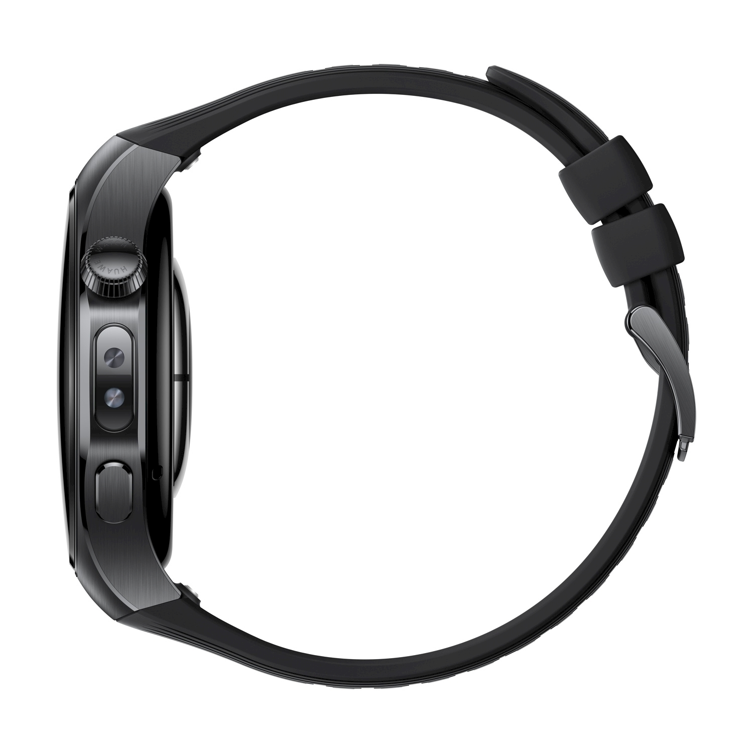 Uno smartwatch nero con cinturino nero. Il quadrante è scuro con due pulsanti sul lato. Il cinturino è allacciato.