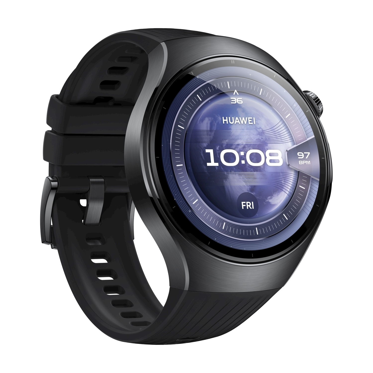Uno smartwatch Huawei nero con quadrante rotondo. Lo schermo mostra l'ora, la data e altre metriche di salute.