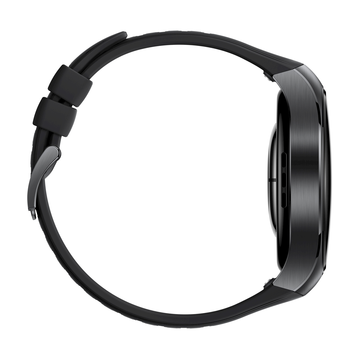 Uno smartwatch nero con quadrante rotondo e cinturino nero è mostrato di lato, su sfondo bianco.