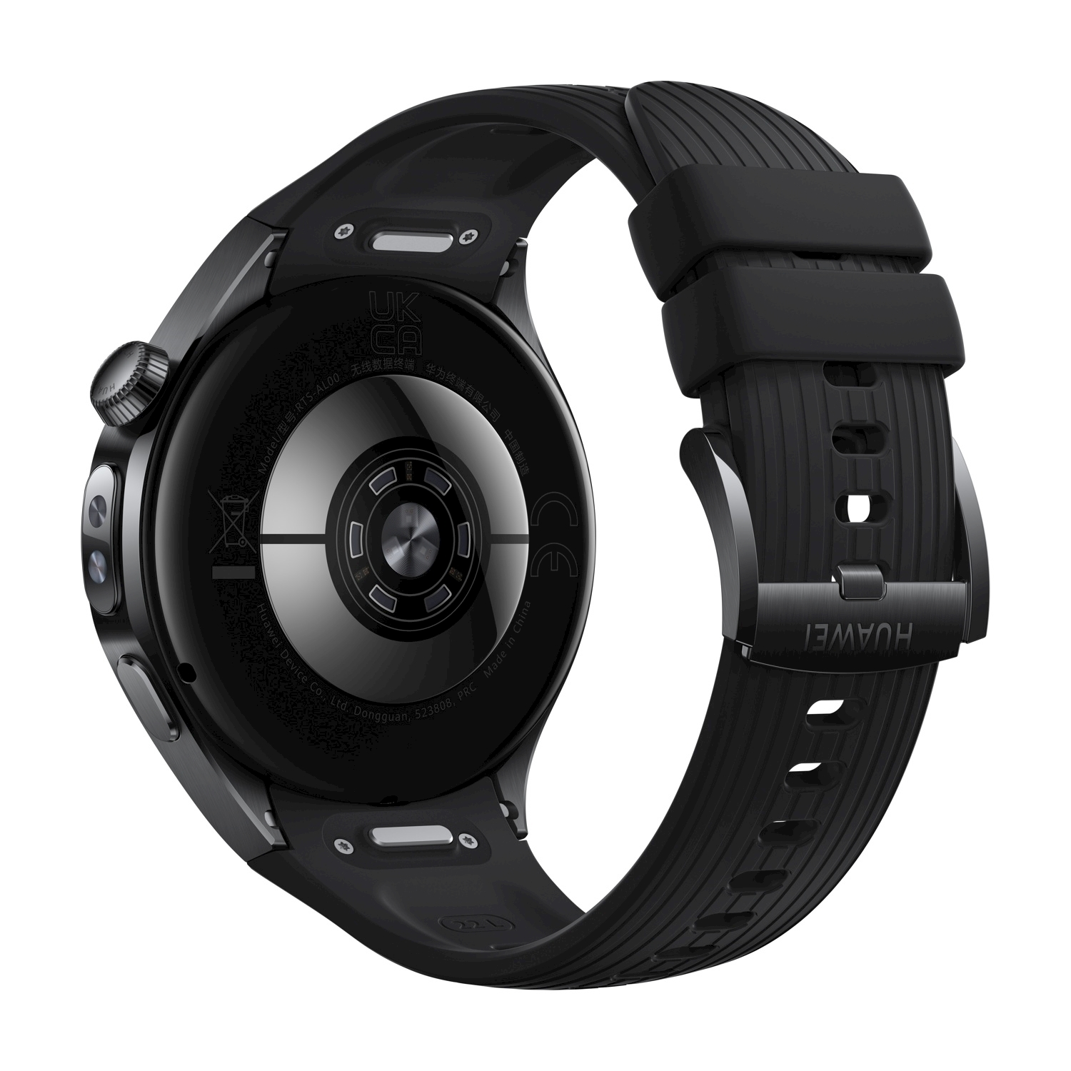 Uno smartwatch Huawei nero. L'orologio ha un quadrante rotondo, cinturino nero e chiusura in metallo. Il logo Huawei è visibile.
