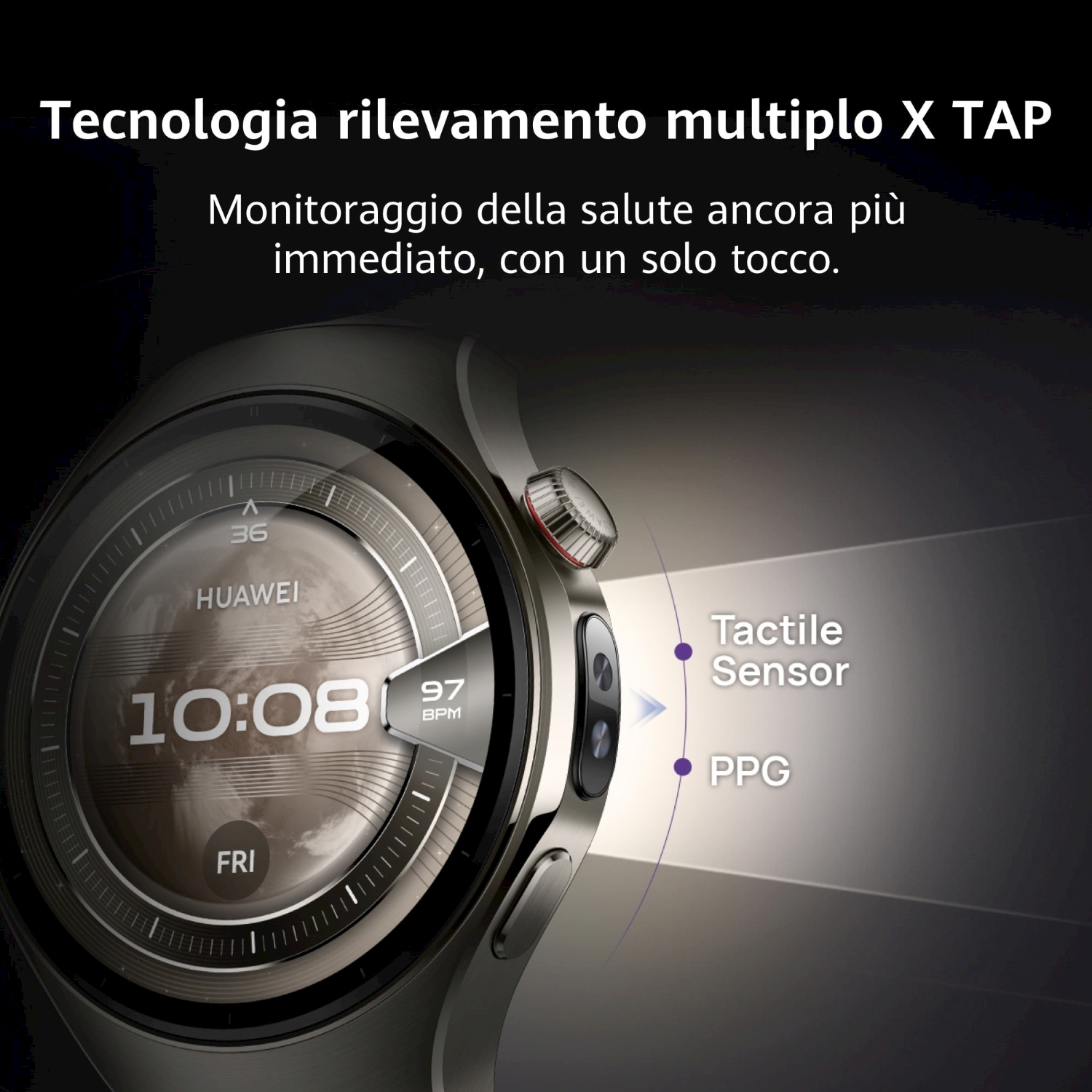 Uno smartwatch mostra ora, data e frequenza cardiaca. Ha un sensore ed etichette di testo. L'orologio è grigio metallizzato.