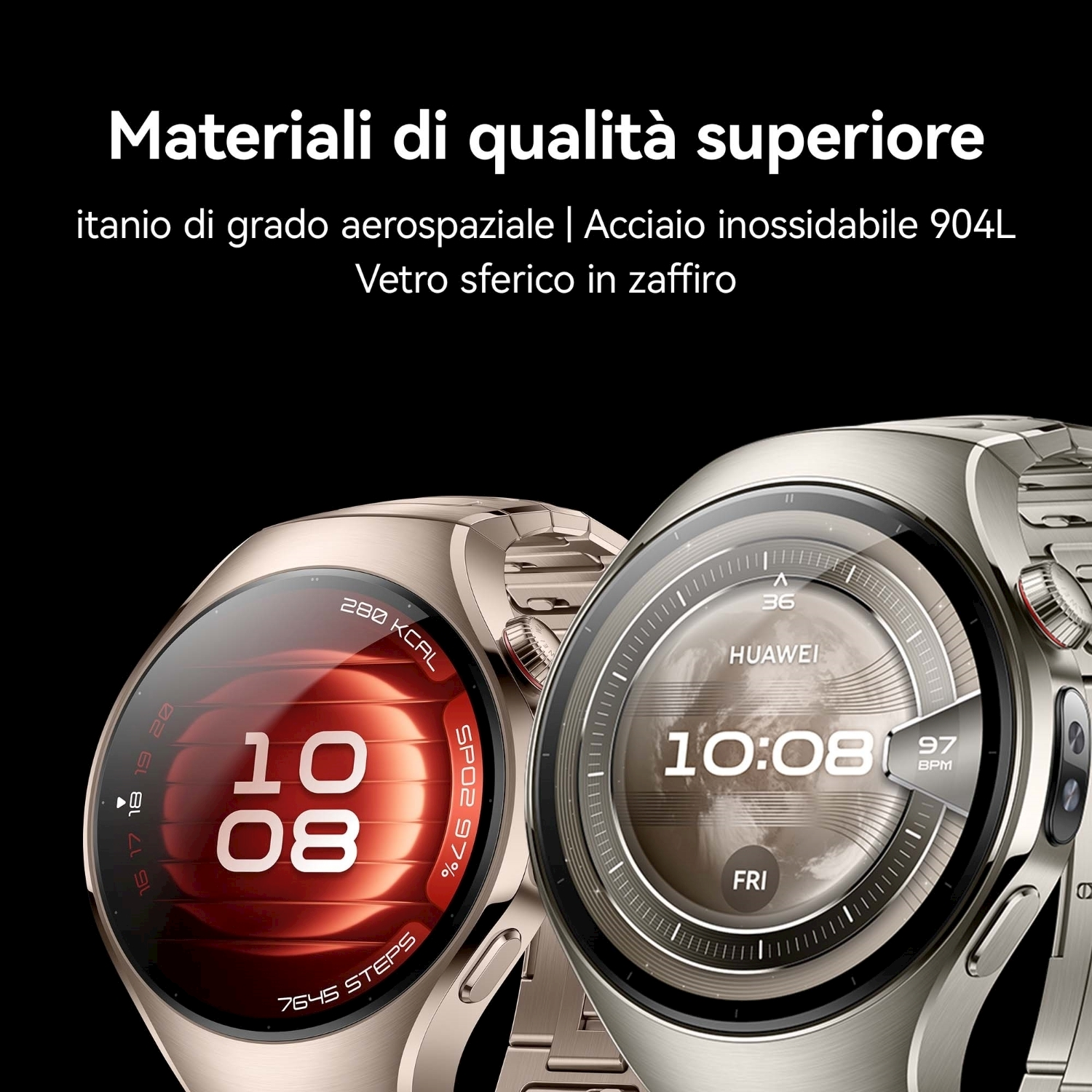 Due smartwatch con cinturini metallici su sfondo nero. Uno mostra l'ora, l'altro i dati sanitari.