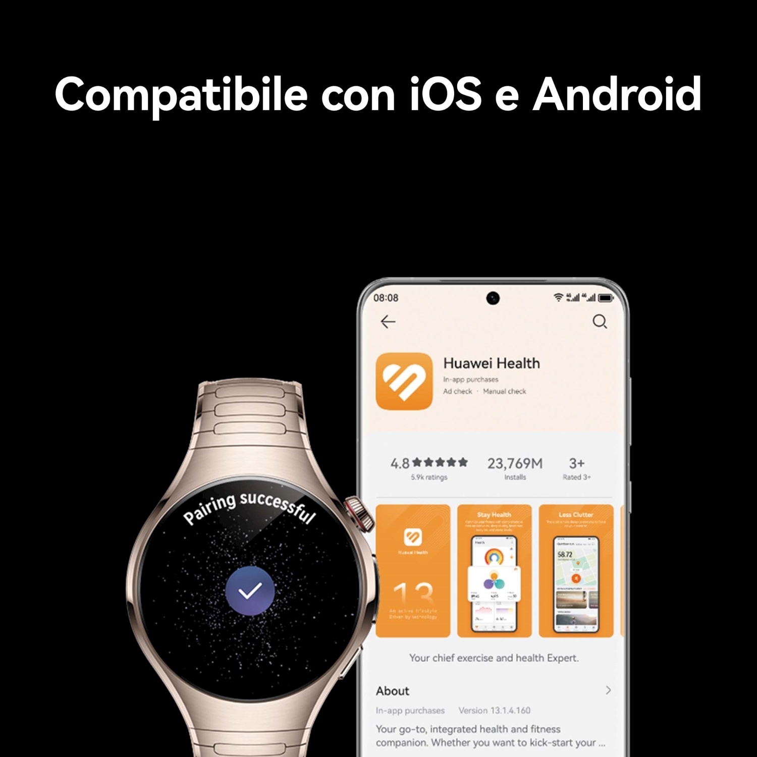 Uno smartwatch mostra 'Accoppiamento riuscito' vicino a un telefono che mostra l'app Huawei Health. Testo: 'Compatibile con iOS e Android'.