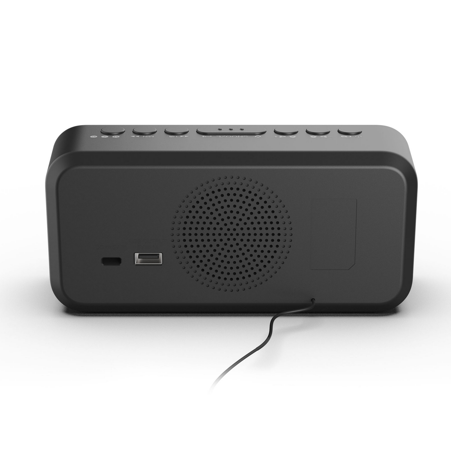 Un radio despertador digital negro con botones arriba y un altavoz al frente. Un puerto USB es visible en el lado.
