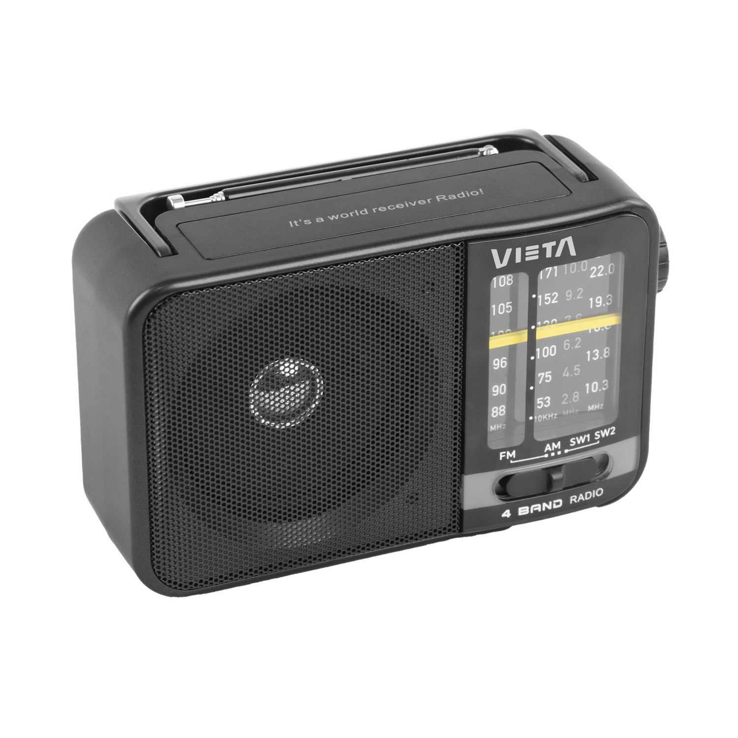 Una radio portátil negra con altavoz, dial de sintonización y antena. Tiene la marca VIETA y radio de 4 bandas.