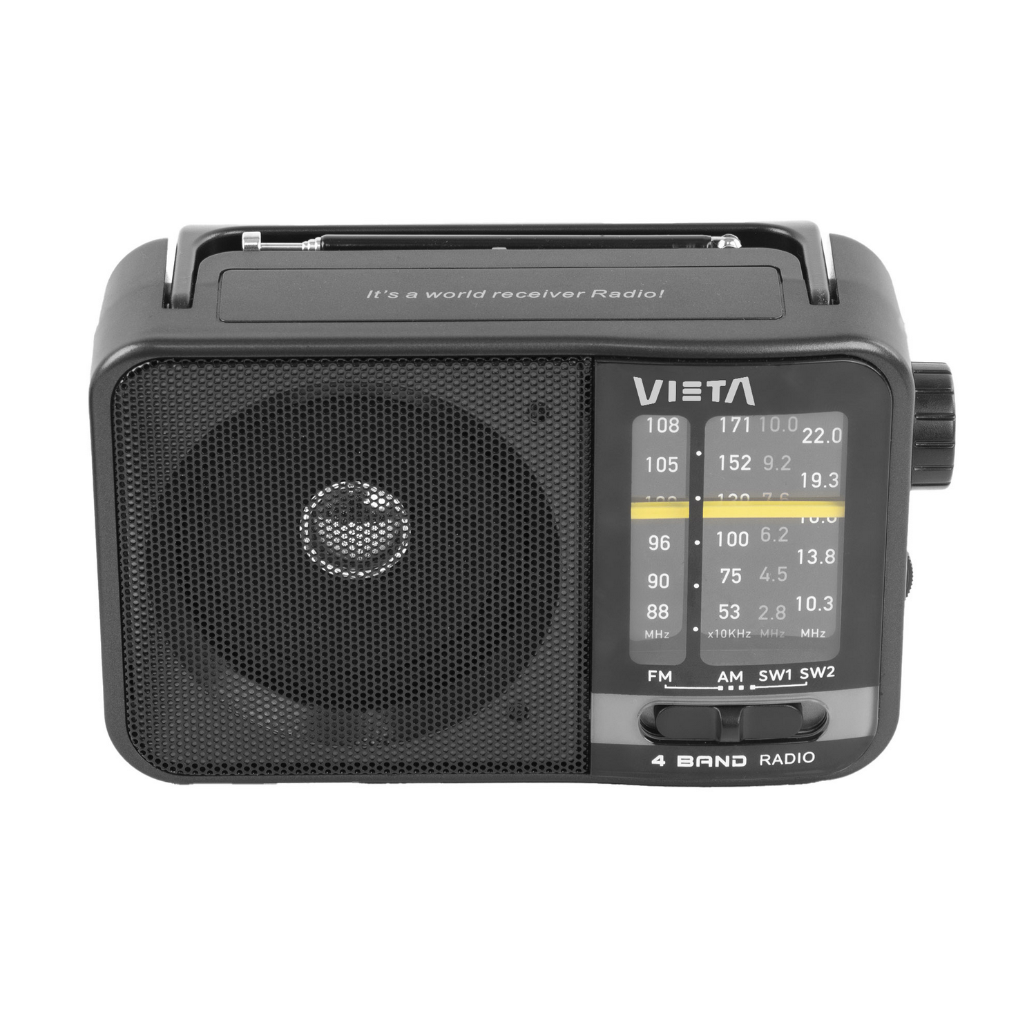 Radio VIETA negro con altavoz, antena y panel de control. Muestra frecuencias y tiene bandas FM/AM/SW. Texto: "4 BAND RADIO".