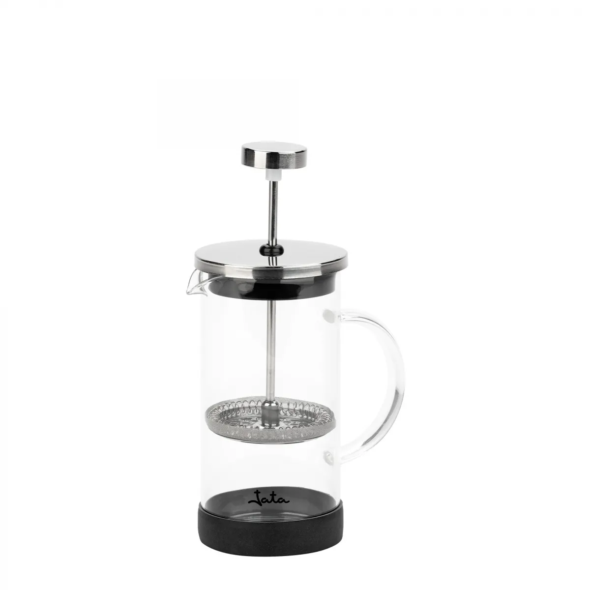 Una cafetera de prensa francesa de vidrio transparente con tapa y asa plateadas. Tiene una base negra y un filtro de metal en su interior.