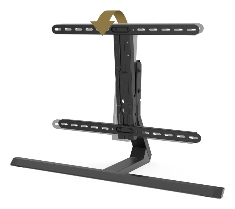 Soporte de TV negro sobre fondo blanco. Flecha indica la función de inclinación. Soporte tiene dos brazos horizontales y un soporte vertical.