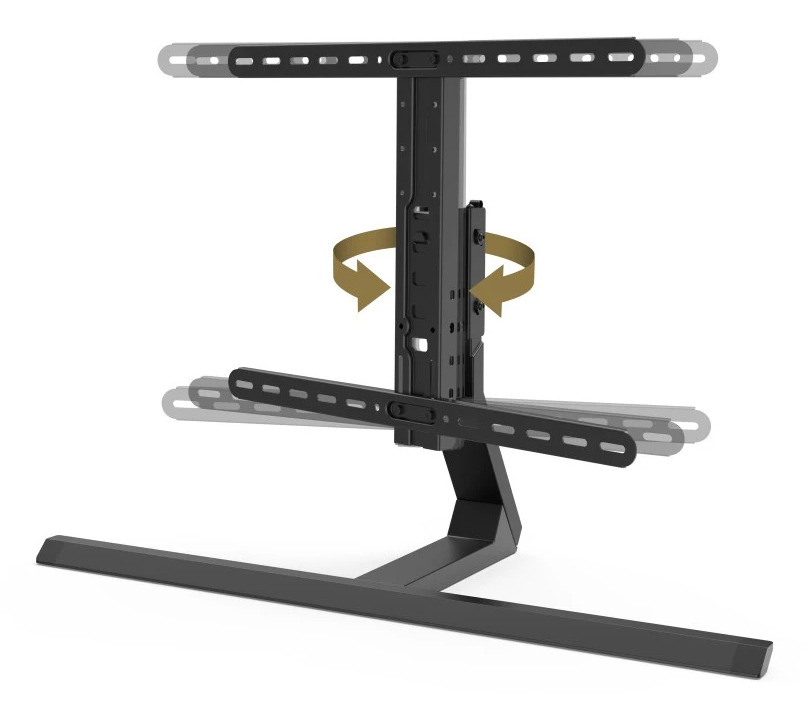 Un soporte de TV negro con dos soportes. El soporte tiene flechas que indican la rotación. La base es rectangular y larga.