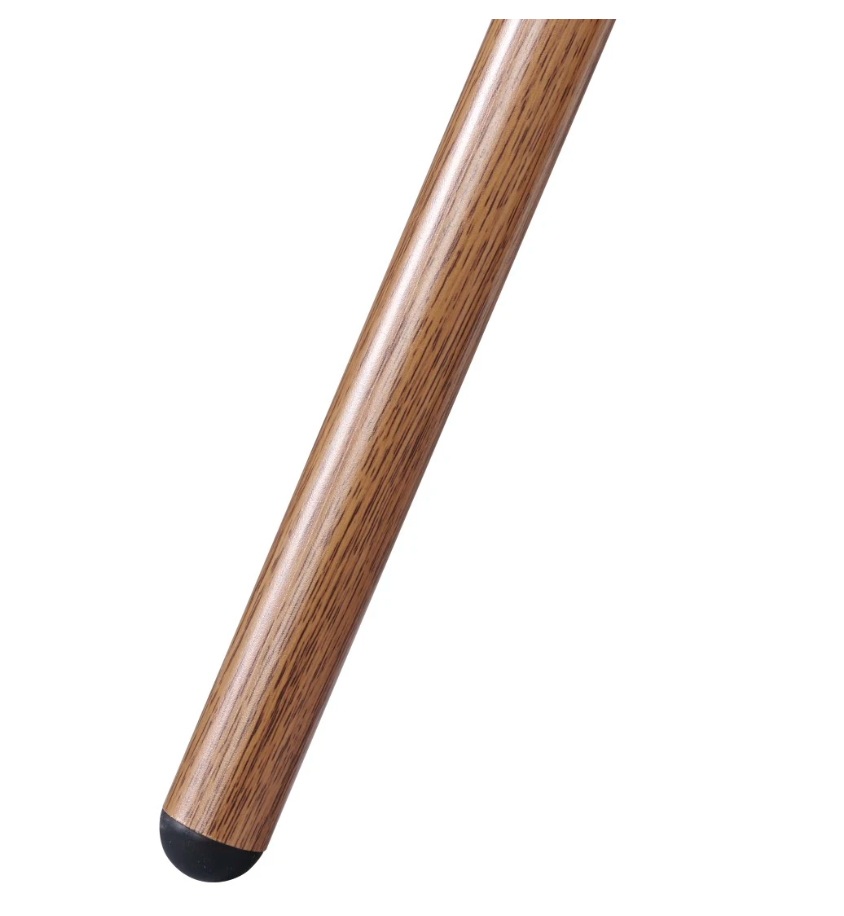 Primer plano de una pata de mesa de madera, en ángulo diagonal de arriba a abajo. La pata es marrón con veta de madera y punta negra.