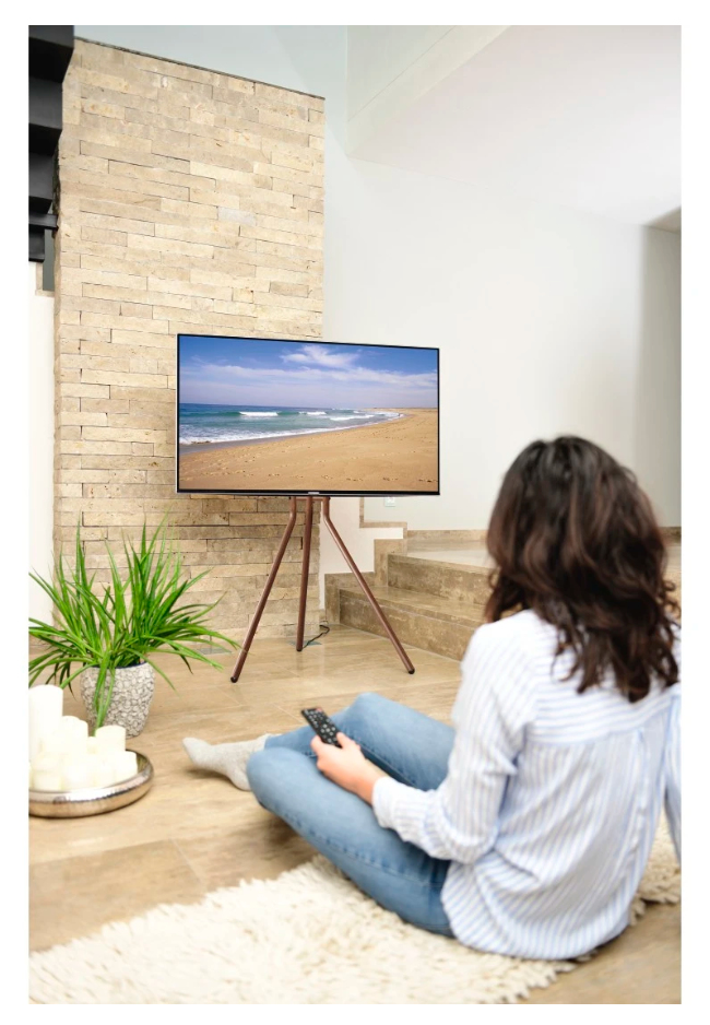 Una mujer sentada en una alfombra ve la televisión que muestra una escena de playa. El televisor está en un trípode. Hay una planta, velas y una pared de piedra.