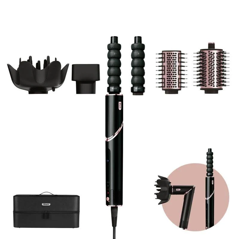 Set de herramientas de peinado negro con accesorios, incluyendo un difusor, cepillos y un estuche, sobre un fondo blanco.