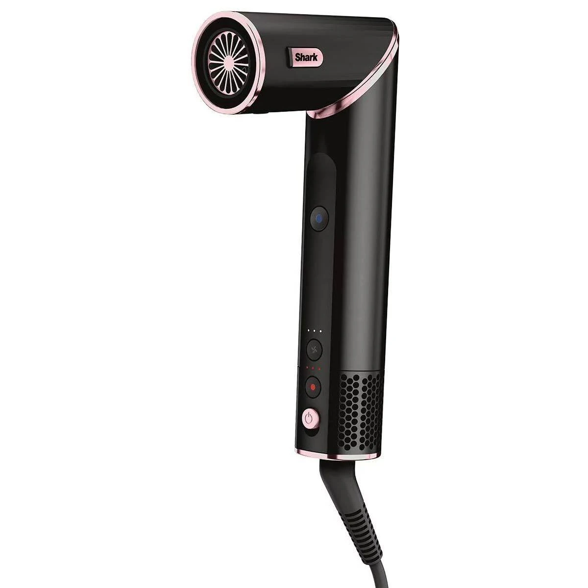 Un secador de pelo Shark negro y oro rosa. Tiene una boquilla redonda, botones y cable de alimentación. La palabra "Shark" está en el lateral.
