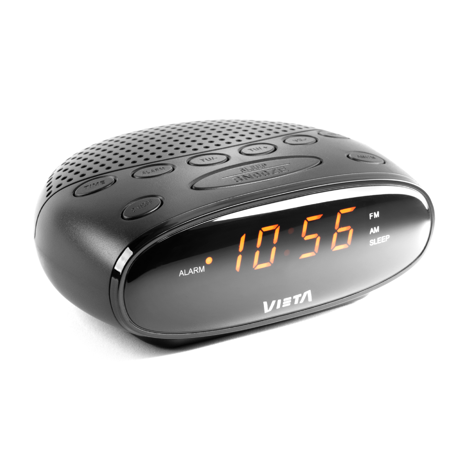 Un despertador Vista negro muestra 10:56 en dígitos naranjas. Los botones superiores incluyen hora, alarma y repetición. Se ven FM y AM.