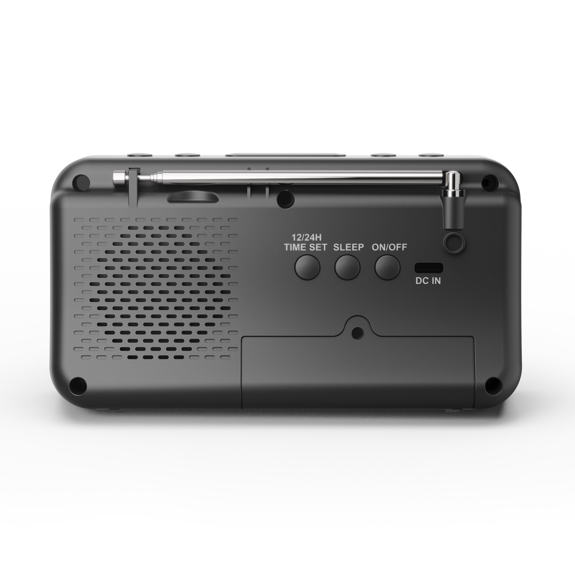 Una radio digital negra con botones y antena, sobre un fondo blanco. Tiene un altavoz y botones.