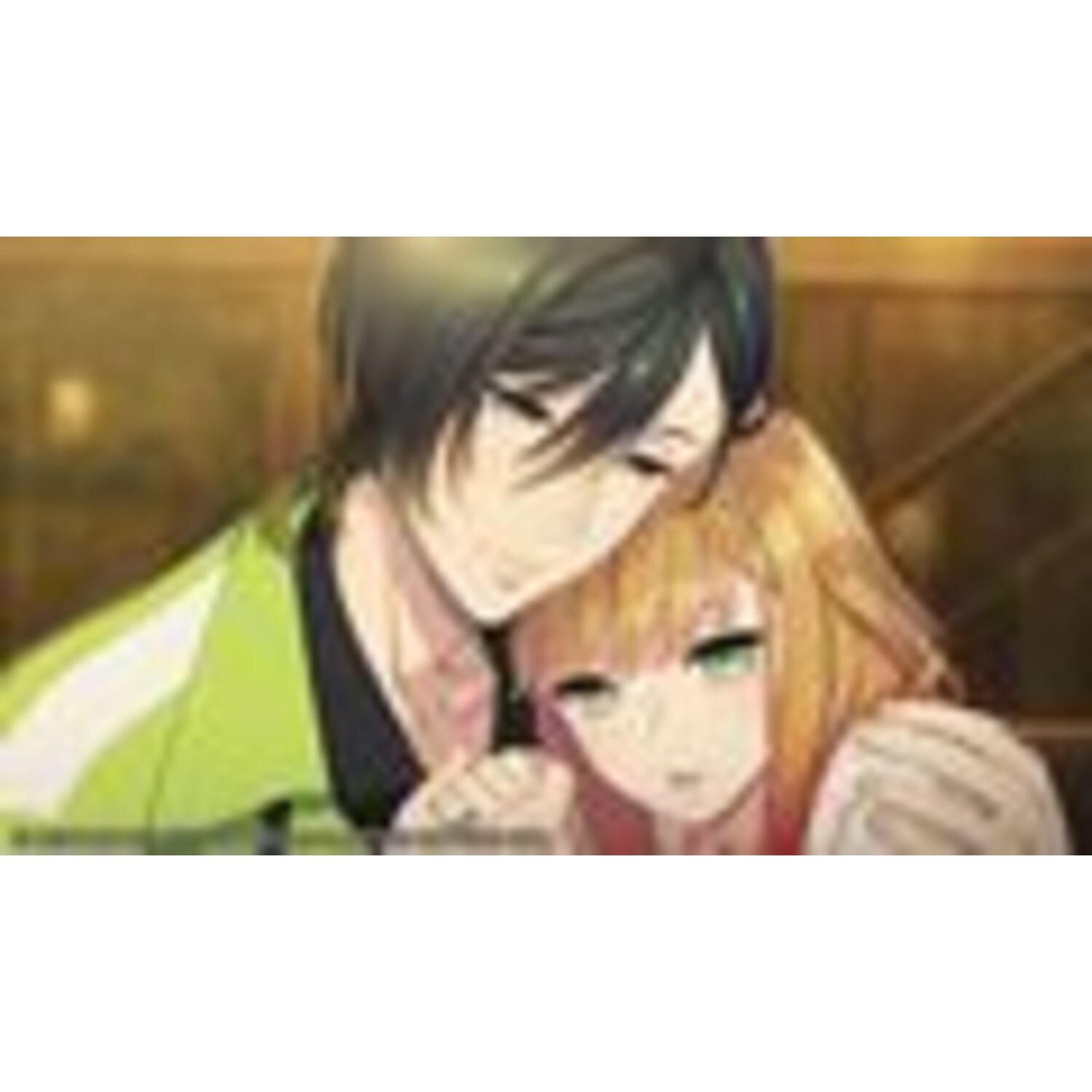 Anime-achtige illustratie van een man en een vrouw die elkaar omarmen. De man heeft zwart haar, de vrouw blond haar. De achtergrond is wazig.