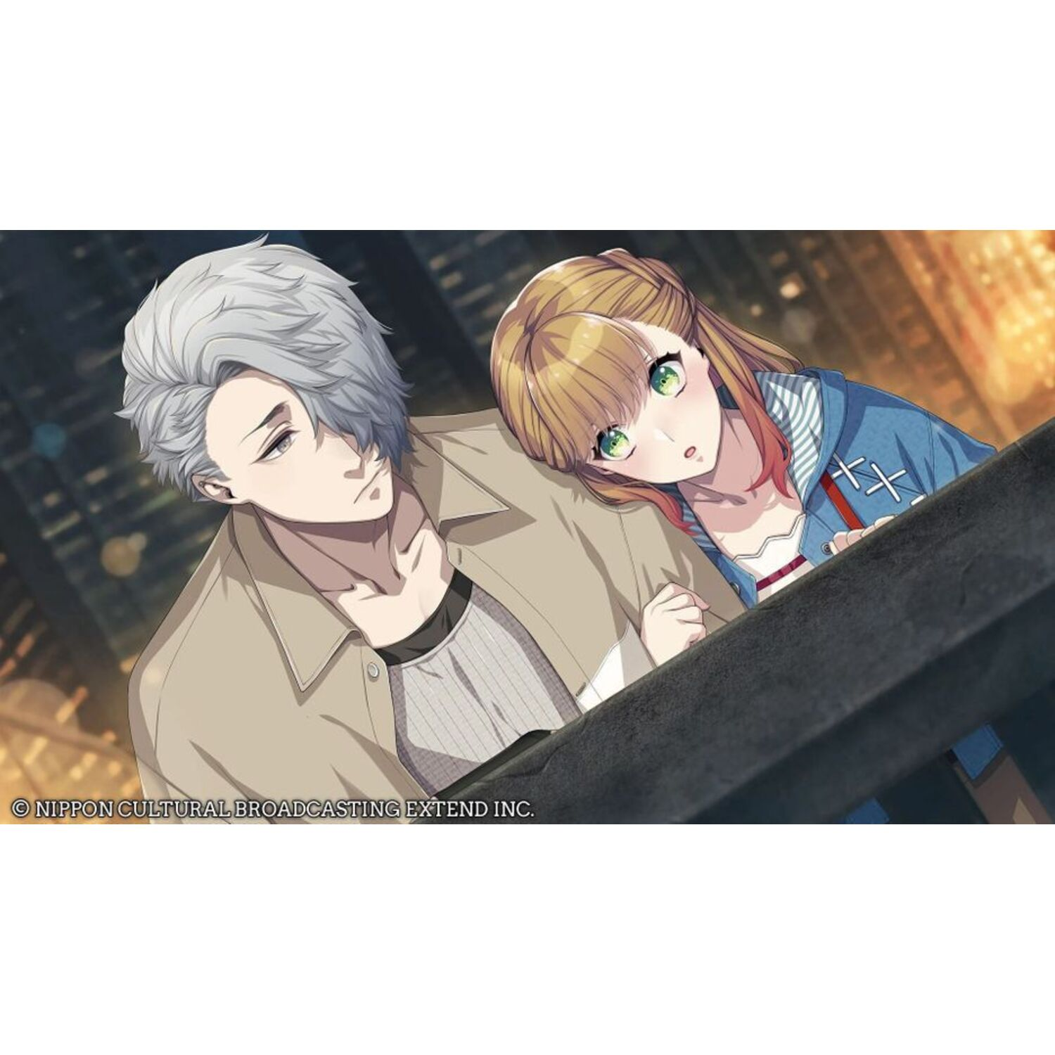 Anime-achtige illustratie van een man en een vrouw. De man heeft grijs haar, de vrouw blond, beiden kijken naar de kijker.
