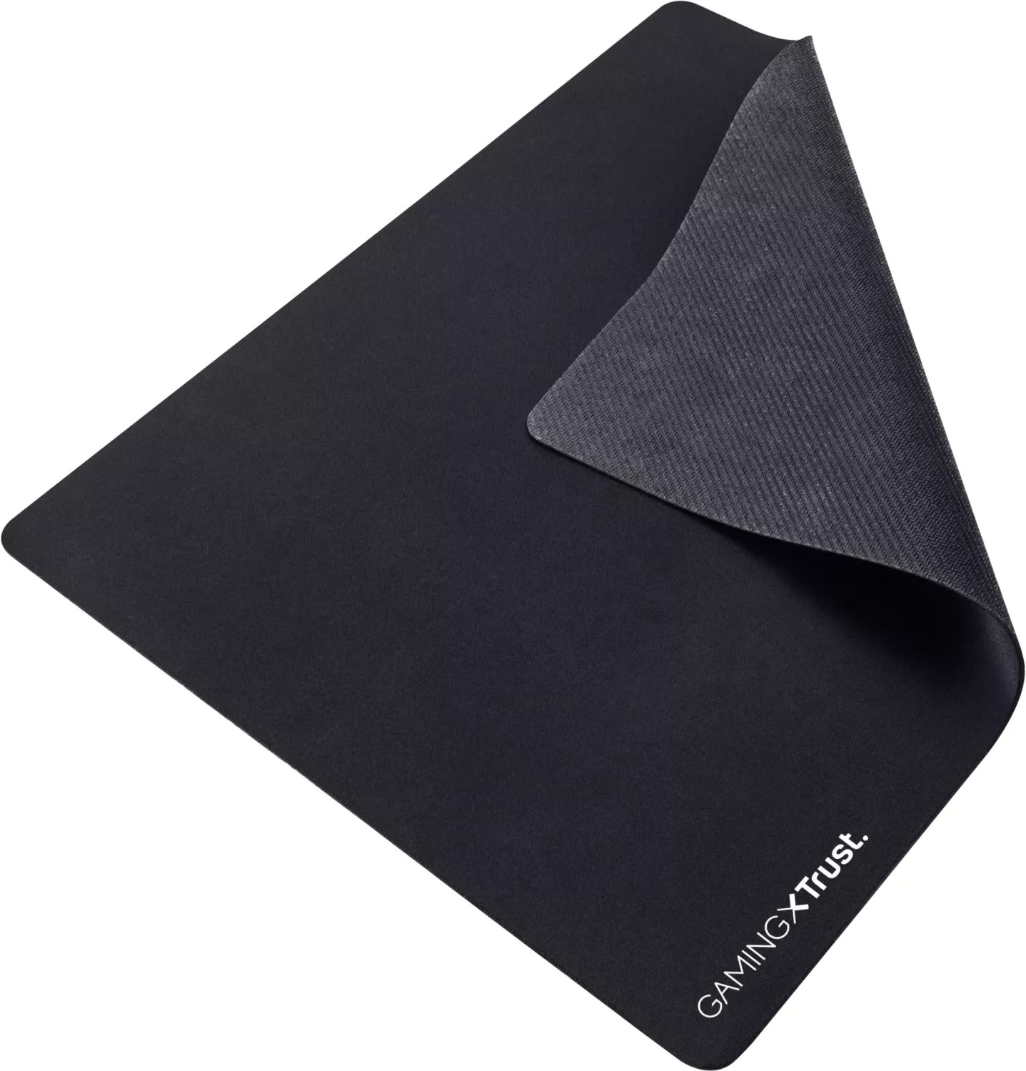Schwarzes Gaming-Mauspad. Ein Teil des Pads ist angehoben und zeigt die strukturierte graue Unterseite. "GAMING X Trust" ist aufgedruckt.