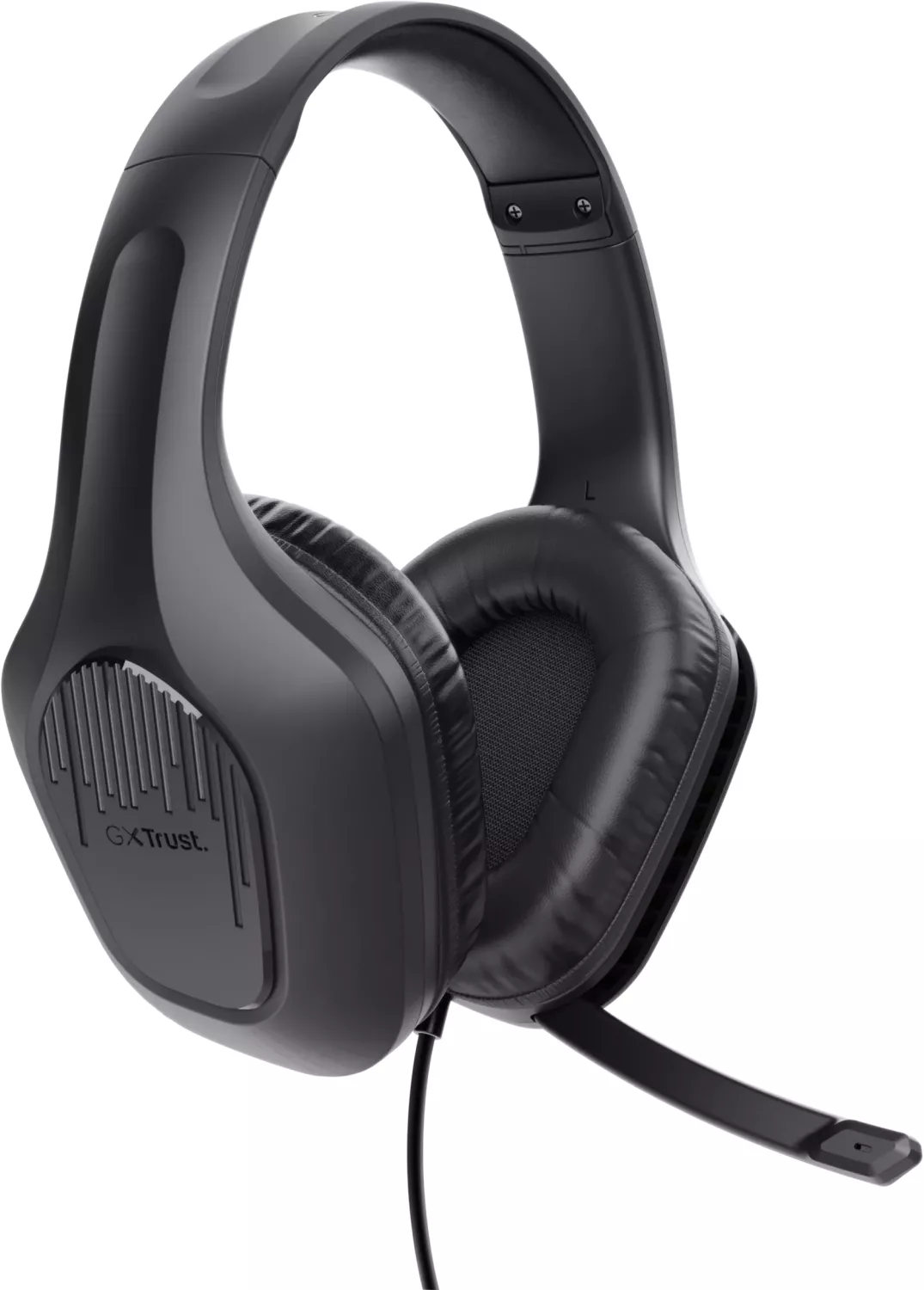 Schwarzes Gaming-Headset. Es hat ein Mikrofon und Ohrmuscheln. Der Markenname GXTrust ist auf der linken Ohrmuschel sichtbar.