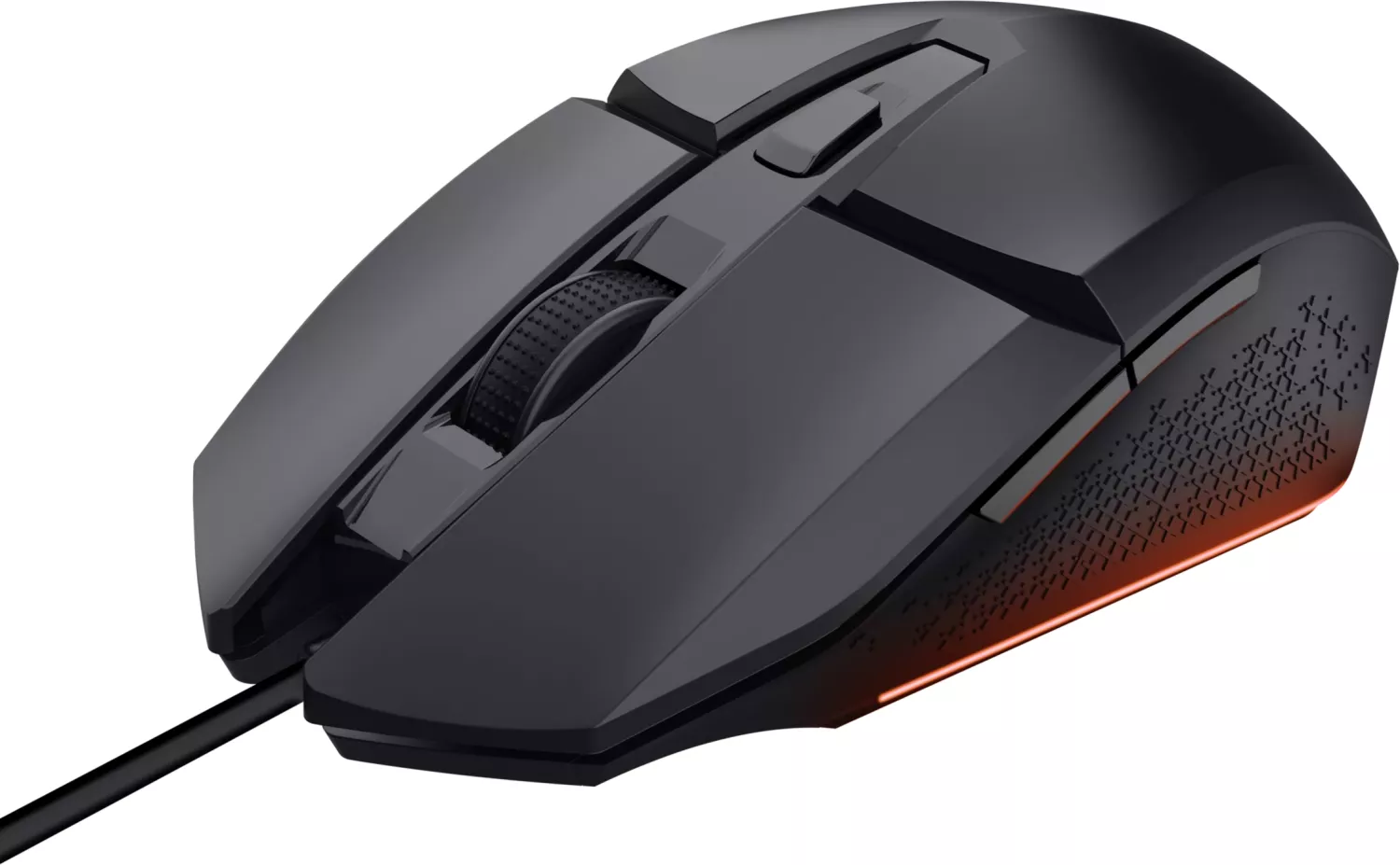 Eine schwarze Gaming-Maus mit Scrollrad, Seitentasten und roter Leuchtbasis, verbunden durch ein schwarzes Kabel.