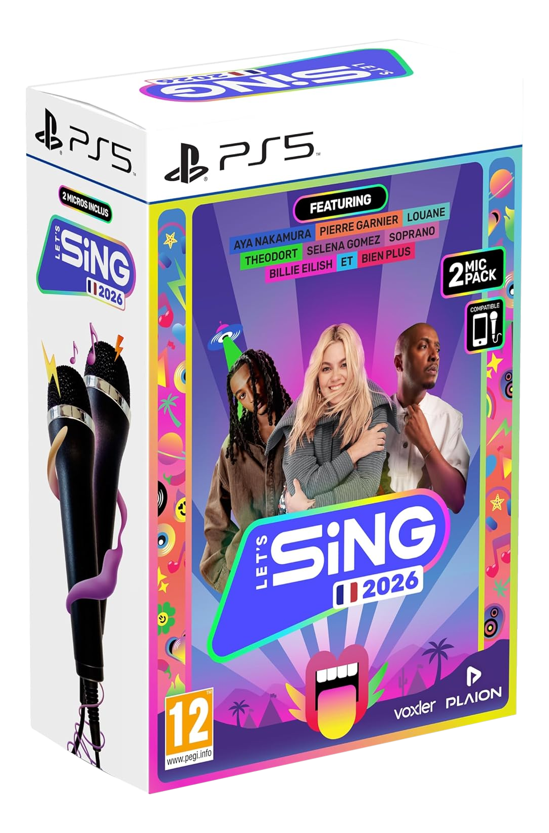 Confezione di Let's Sing 2026, gioco PS5, con cantanti. Include due microfoni. Design colorato con immagini di cantanti.