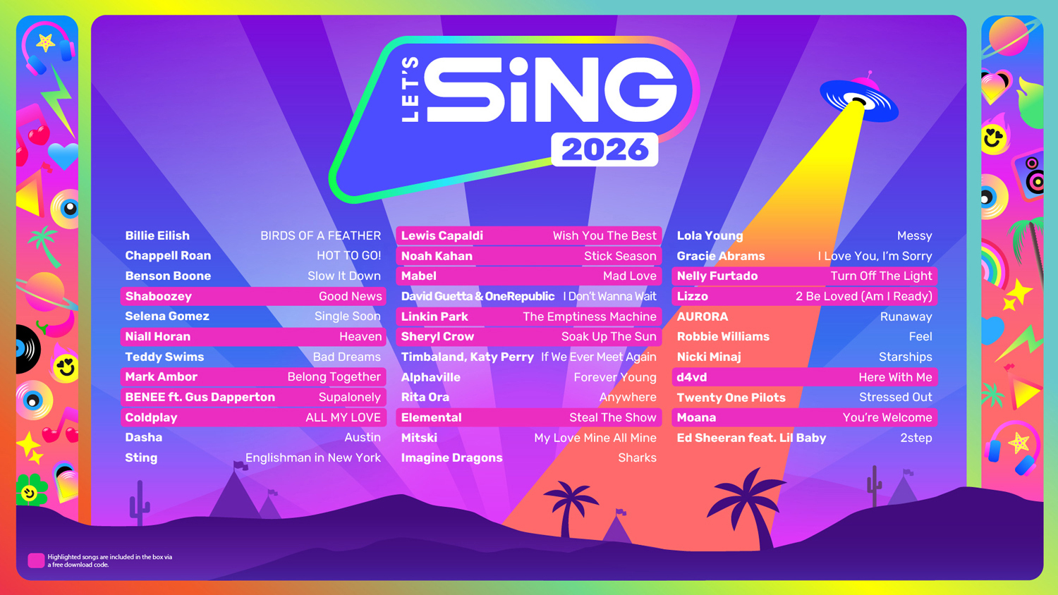 Una grafica colorata di Let's Sing 2026 con artisti e titoli di canzoni. Un UFO illumina. Palme e montagne in basso.