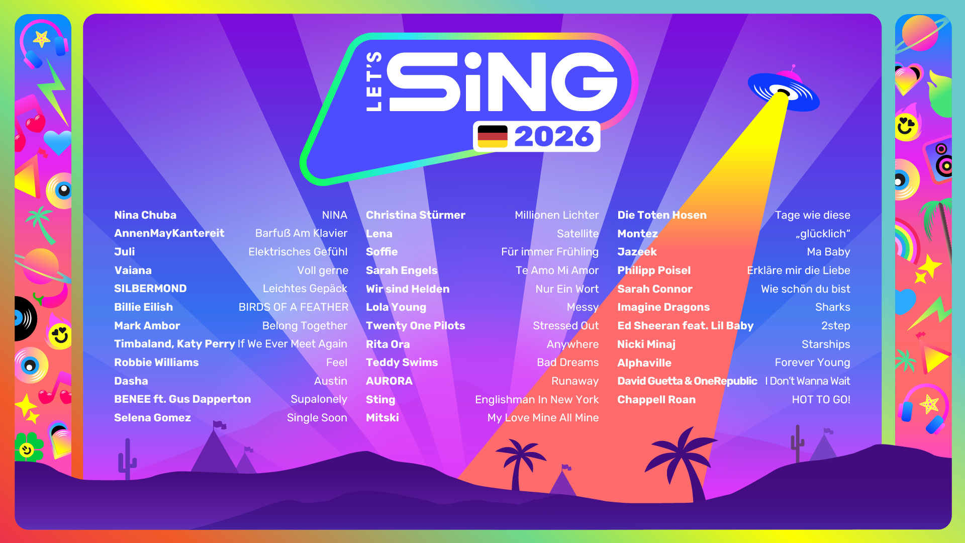 Poster per Let's Sing 2026, con nomi di artisti. Un UFO emette luce. Sfondo colorato con note musicali.