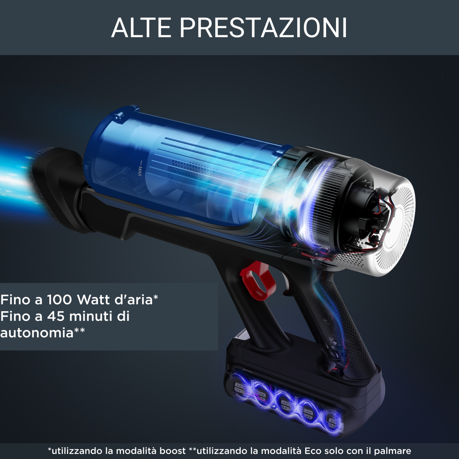 Vista in sezione di un aspirapolvere senza fili nero e blu, con testo sulle prestazioni. Lo sfondo è blu scuro.