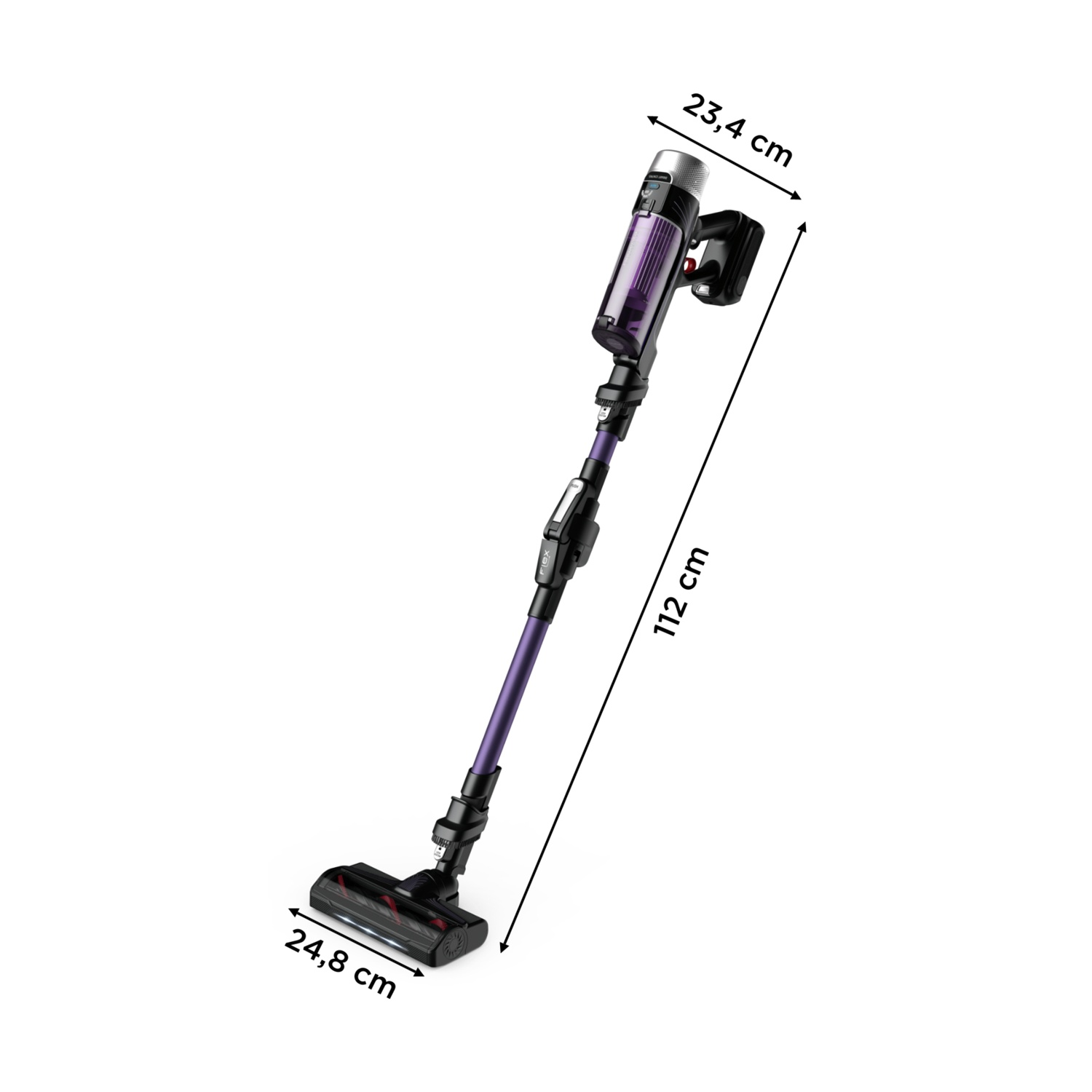 Un aspirapolvere senza fili con dettagli viola e neri, dimensioni indicate: 23,4 cm, 112 cm e 24,8 cm, su sfondo bianco.