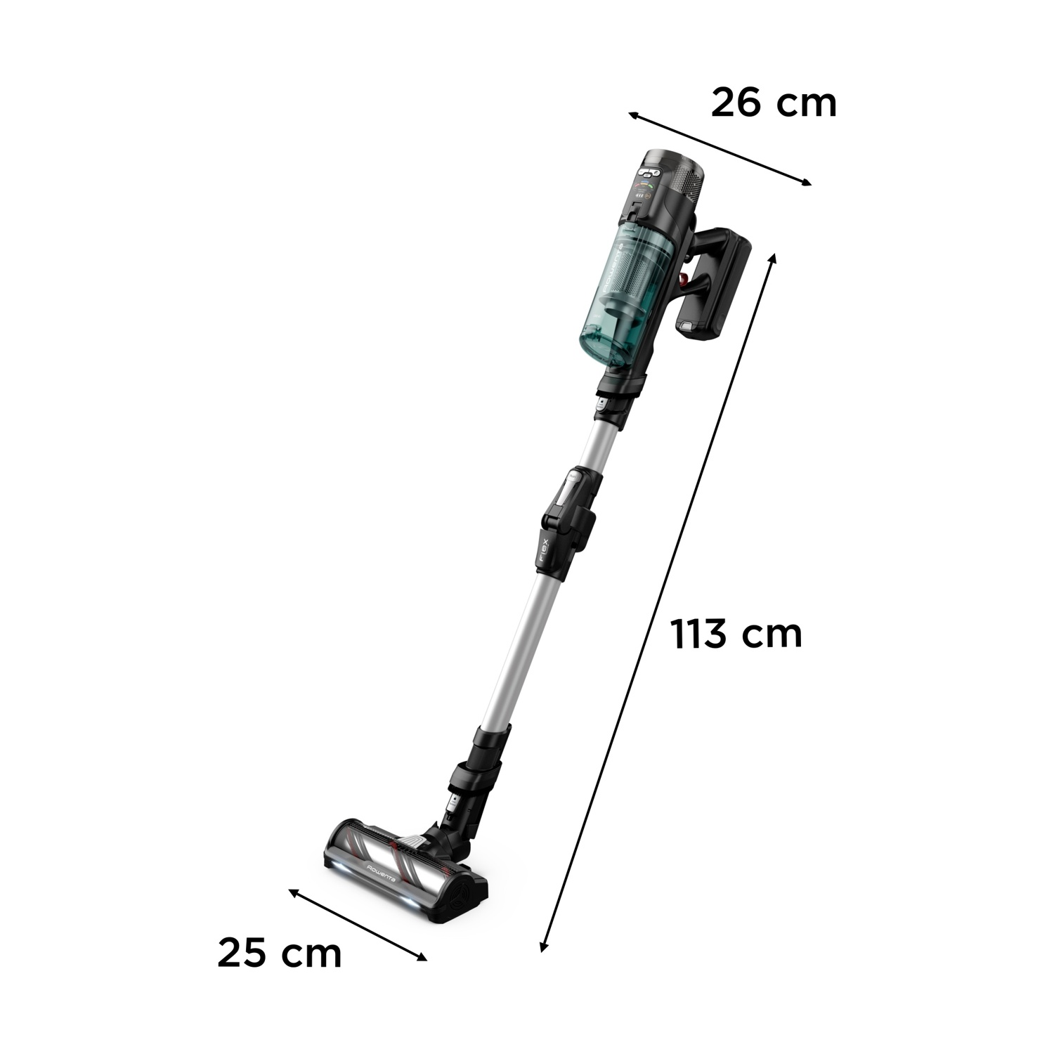 Viene mostrato un aspirapolvere senza fili. È nero e argento, con misure di 26 cm, 113 cm e 25 cm segnate sull'immagine.
