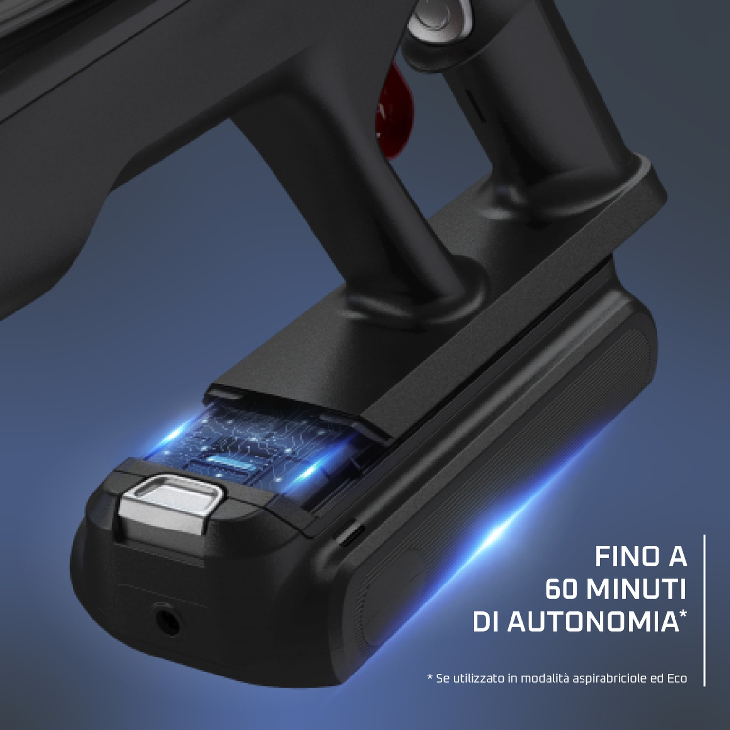 Primo piano di un aspirapolvere nero. Il testo indica fino a 60 minuti di autonomia, con una nota sull'uso delle modalità briciole ed Eco.